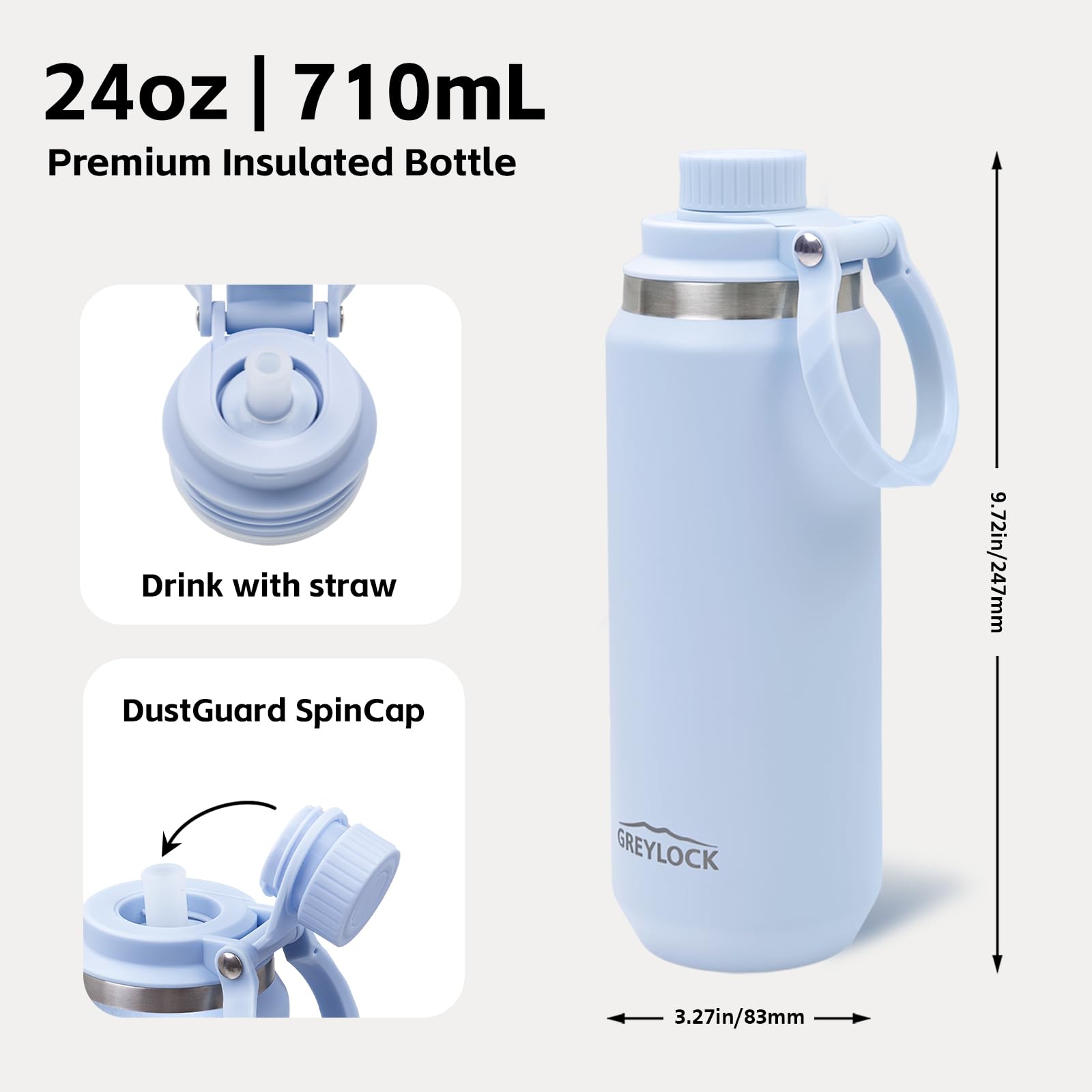 Greylock 24 Oz Insulated Water Bottle With Straw Lid, Leakproof Reusable Stainless Steel Vacuum