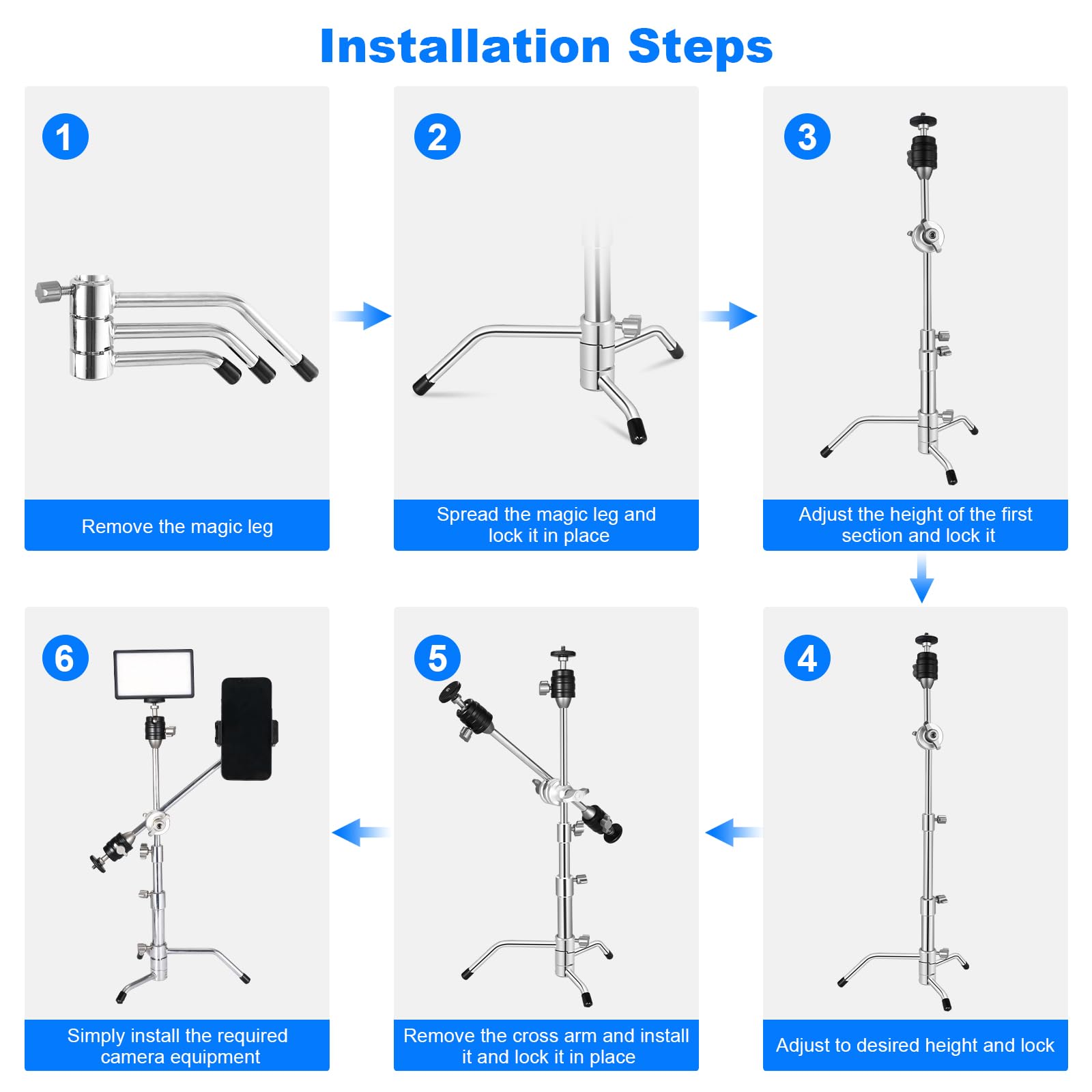 Supon 20" Mini Pocket C Stand, All-Metal Adjustable Small 20.8" C-Stand Short Tripod Stand With 13" Boom Arm Grip Head, 3 Ball Head, Sliding Leg For Camera, Smartphone, Light, Mic Photography - Silver