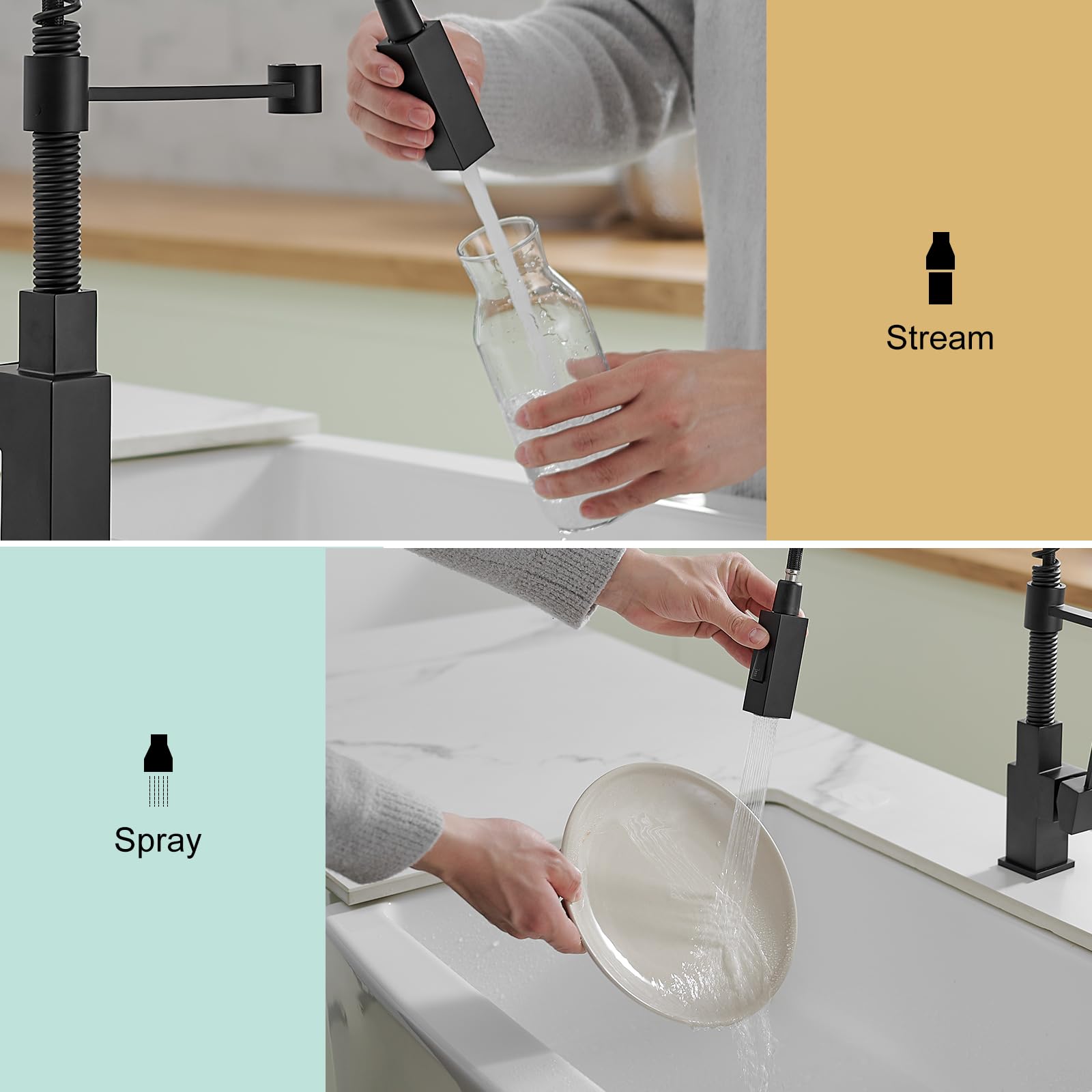 Besy Morden Square Matte Black Kitchen Faucet, Single Handle 2 Function Pull Down, Commercial Solid Brass Spring Rv Square Kitchen Sink Faucet With Pull Down Sprayer Laundry Faucet