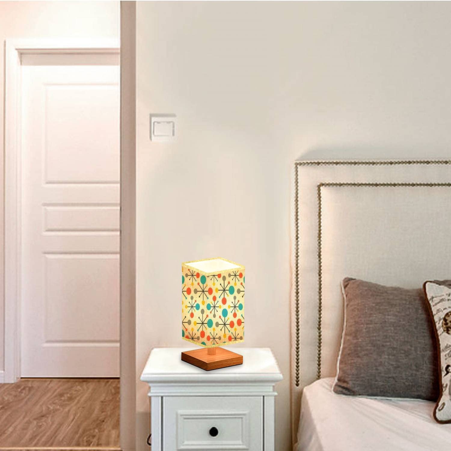 Svjklajfpi Square Bedside Table Lamp Mid Century Fifties Modern Atomic Retro Colors Seamless Wooden Base Fabric Shade Dimmable Nightstand Desk Lamp Living Room