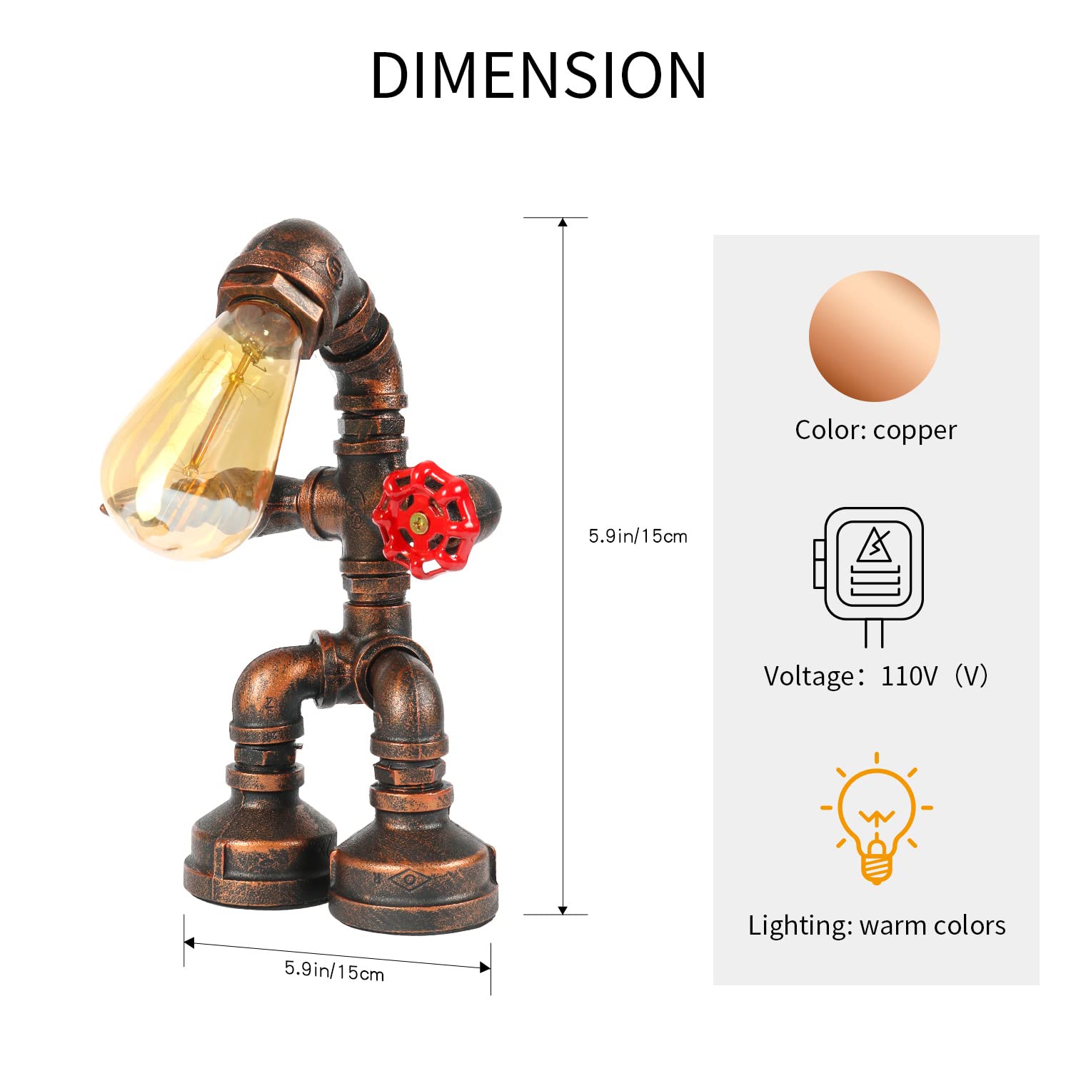 Queenkic Vintage Industrial Robot Table Lamp - Steampunk Pipe Desk Light With E26 Base - Retro Iron Craft Lamp For Home, Office, Cafe & Bar Decor (15Cm/5.9In, 110V)