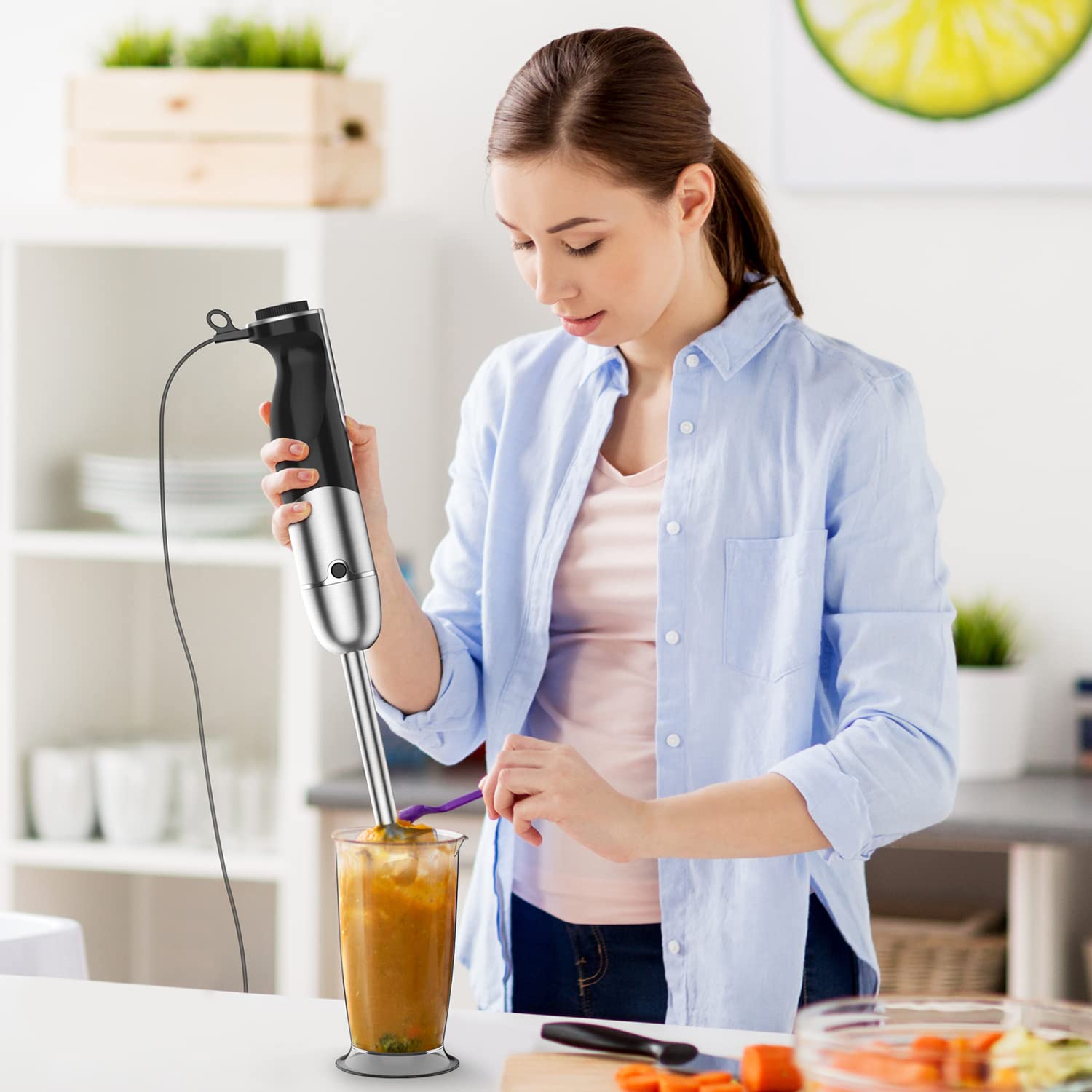 Healthomse 5-In-1 Immersion Blender 800W 12-Speed Stainless Steel Hand Blender With Milk Frother, Egg Whisk, Bpa- 500Ml Chopper And 700Ml Beaker With Lid For Soup, Smoothie, Baby Food