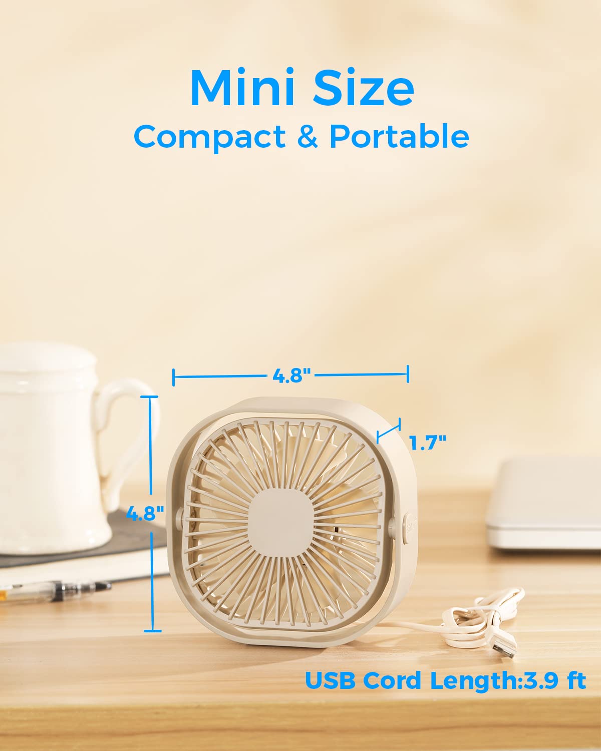 Rjvw 4 Inch Small Usb Desk Fan, 3-Speed Portable & 360°Rotatable Mini Cooling Fan, Usb-Powered