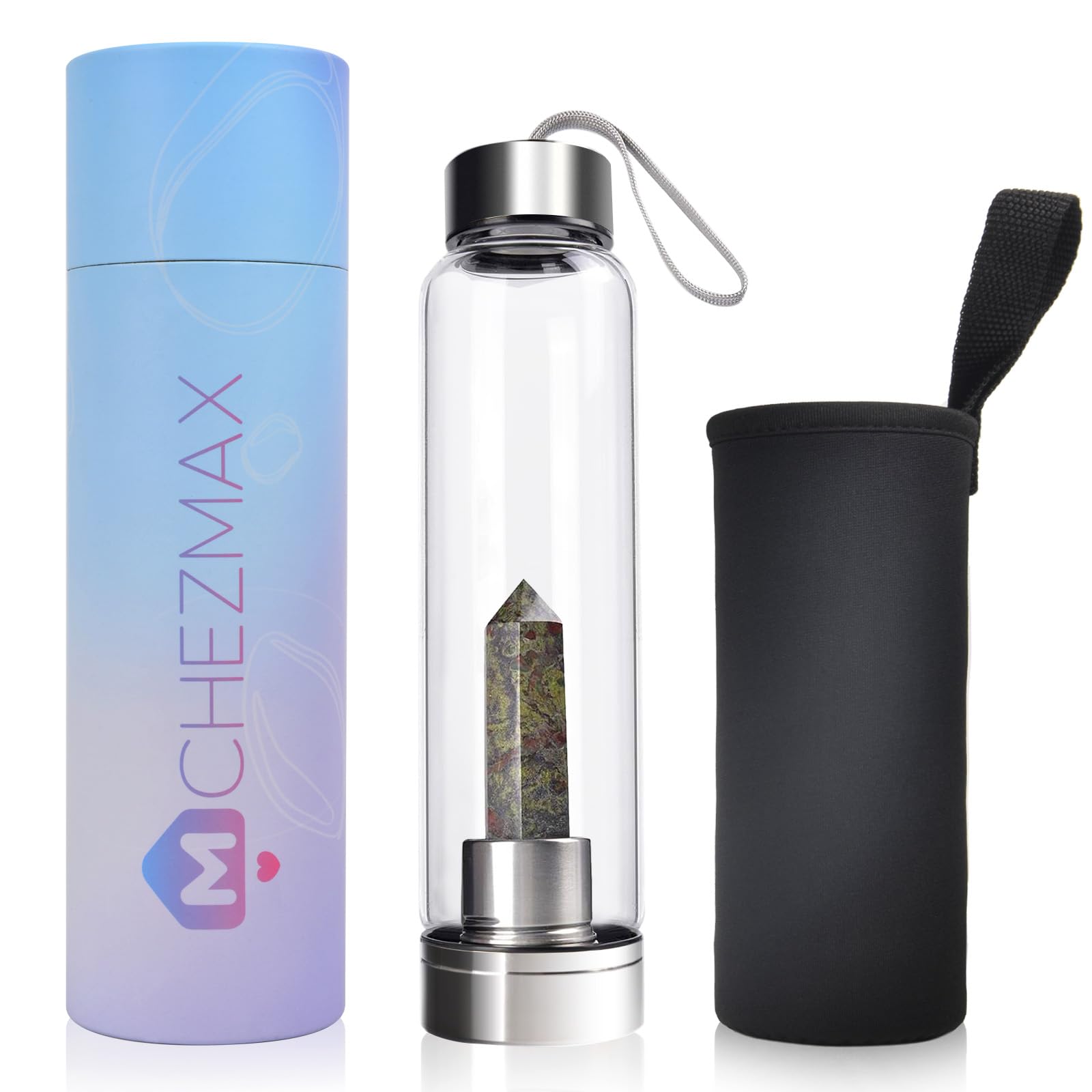 Chezmax Crystal Glass Water Bottle Energy Quartz Gemstone Water Bottle With Changeable Natural
