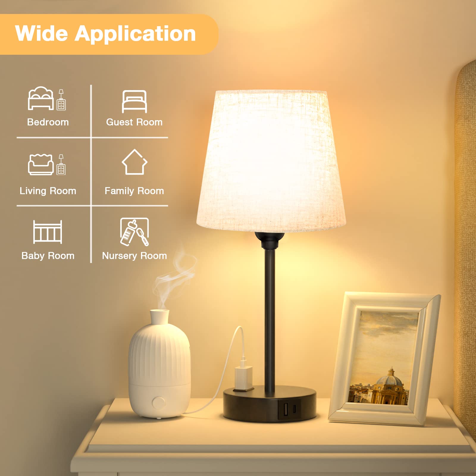 Acaxin Mini Bedside Lamps For Bedrooms Set Of 2 - Nightstand Bedroom Lamps With Usb C Port And Ac Outlet Charging, Dimmable Touch Small Bed Side Table Lamp, Black Night Stand Light For Kids/Guest Room