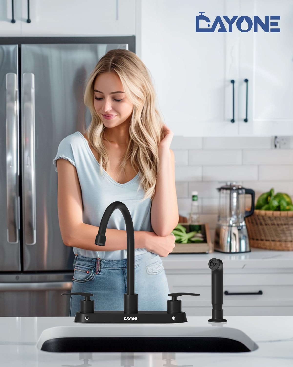 Dayone Black Kitchen Faucet 2 Handles With Side Separate Sprayer, Matte Black Kitchen Sink Faucet High Arc Stainless Steel, 4 Holes Centerset Faucet For Kitchen Rv Laundry Bar, With Supply Lines