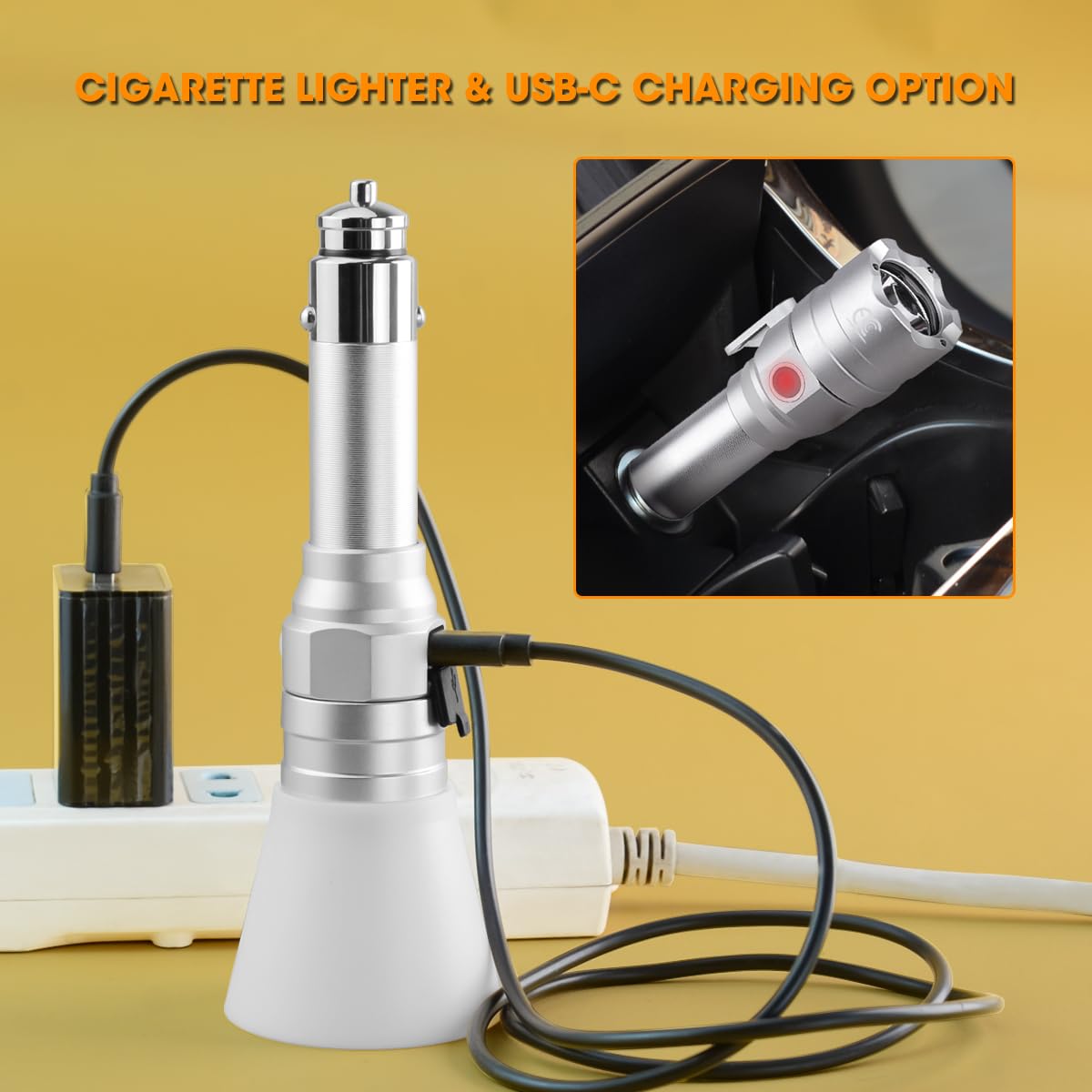 Mccc Small Flashlight Rechargeable With Diffuser 12 Volt Car Cigarette Lighter & Usb C Charge For Auto Vehicles Emergency, Car Escape, Outdoors, Daily Use