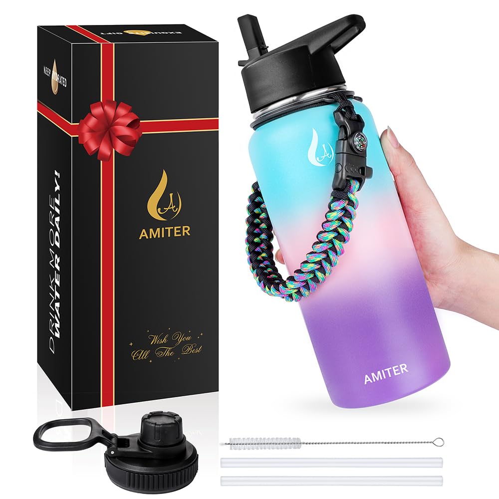Amiter 32Oz Insulated Bottle With Straw & Spout Lid, Wide Mouth Stainless Steel Water Bottles