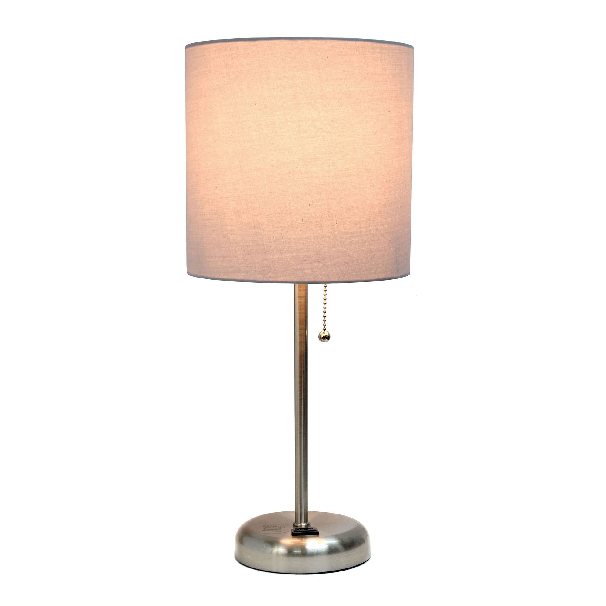 Creekwood Home Oslo 19.5" Contemporary Bedside Power Outlet Base Standard Metal Table Desk Lamp In Brushed Steel With Gray Drum Fabric Shade