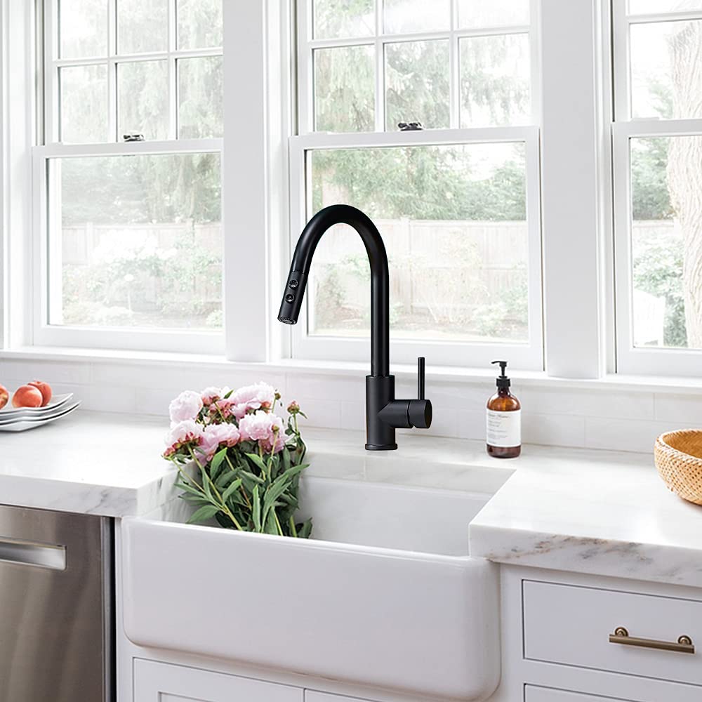 Kinfaucets Black Kitchen Faucet With Pull Down Sprayer,Single Handle Pull Out Kitchen Sink Faucet,Commercial Farmhouse Rv Bar Utility Kitchen Faucets