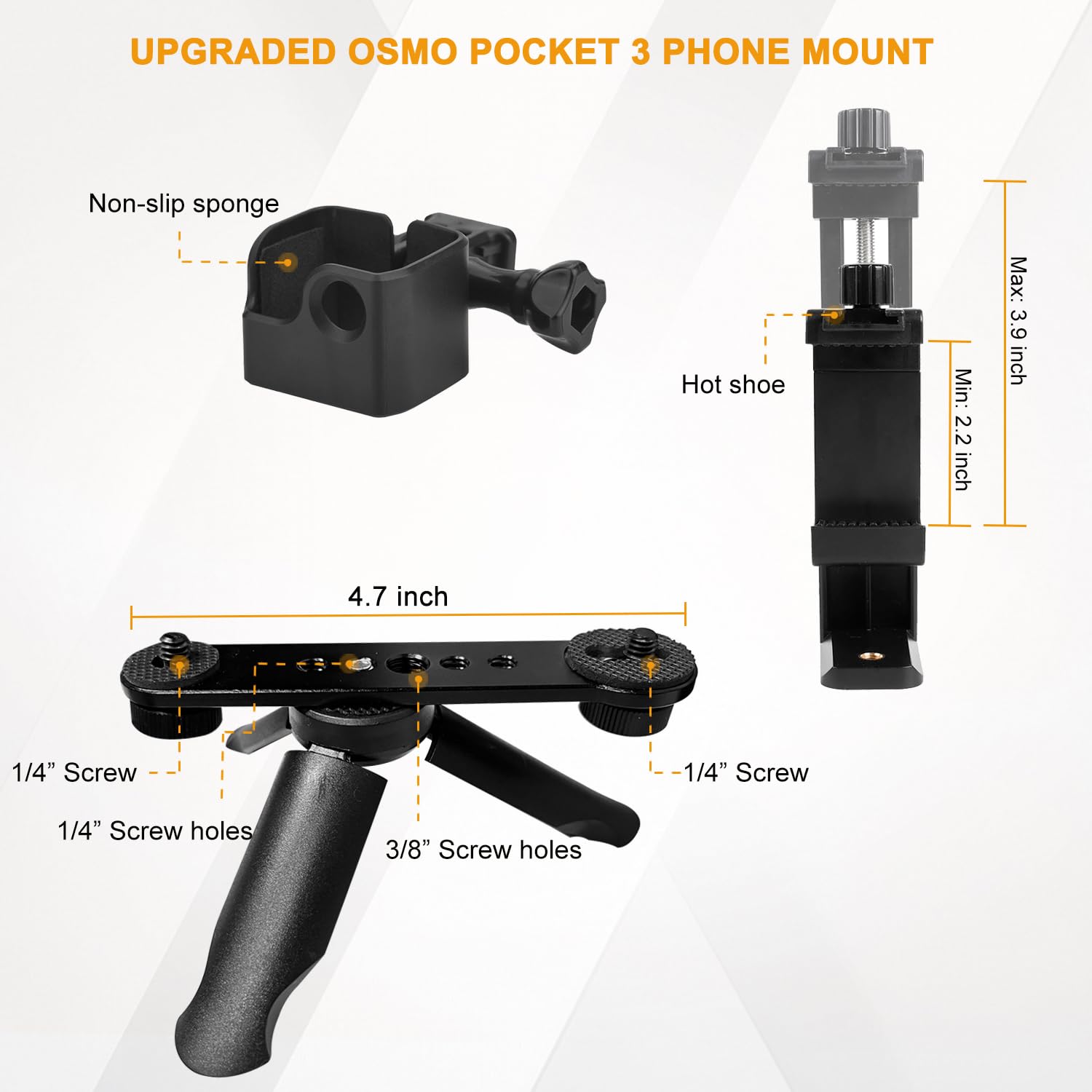 Jodichert For Dji Osmo Pocket 3 Phone Mount, Pocket 3 Phone Holder Mount, Metal Expansion Adapter With Phone Clip Mini Tripod Stand And 1/4” Screw For Dji Osmo Pocket 3 Creator Combo Handle Accessories Kit