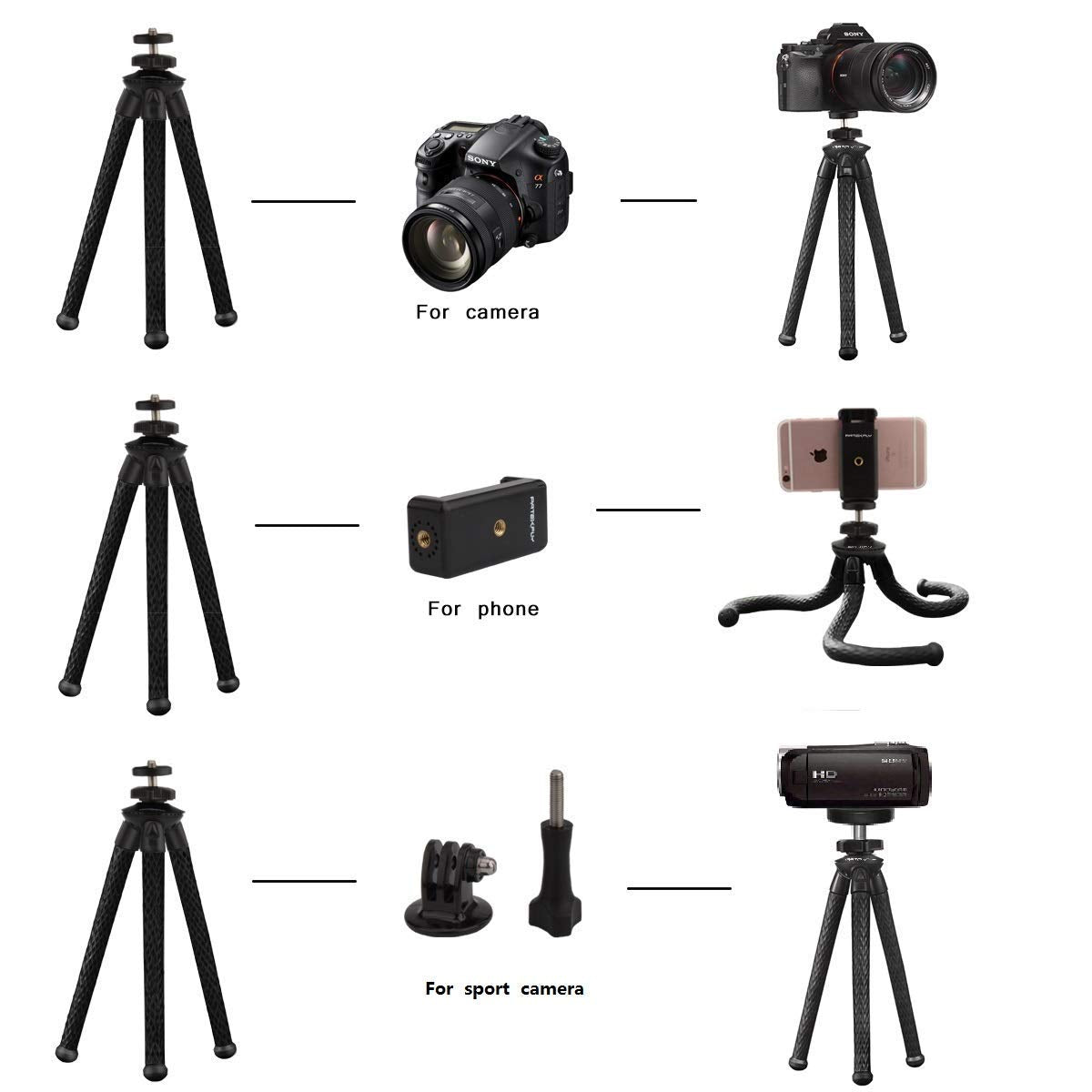Patekfly Camera/Phone Tripod,12 Inch Flexible Camera Tripod For Canon/Nikon/Sony Dslr Cam/Action Cam, Phone Tripod Stand With Cell Phone Holder Clip For Iphone/Android Phone(3 In 1)