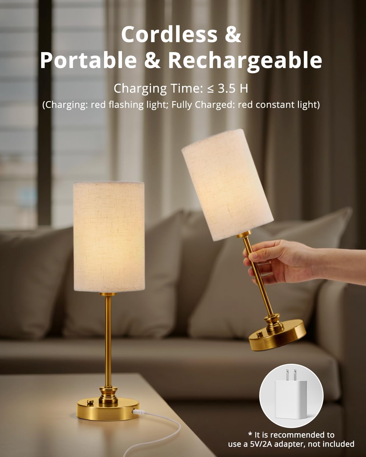 Bojim Cordless Table Lamps 2-Pack, Rechargeable Battery Lamp With 3-Level Dimmable Fabric Touch Bedside Lamps For Bedroom, Living Room, Kitchen, Bathroom