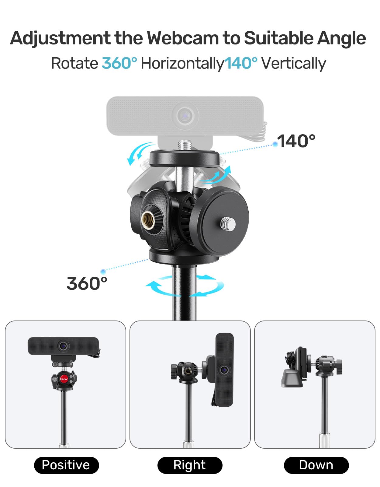 Etour Webcam Stand For Desk, With 360° Ballhead, Heavy Base Height Adjustable Webcam Tripod For Logitech Webcam C922 C930E C920 C615 C960 C920X Brio 4K Nexigo N60, Phone Mount, Gopro With 1/4" Thread