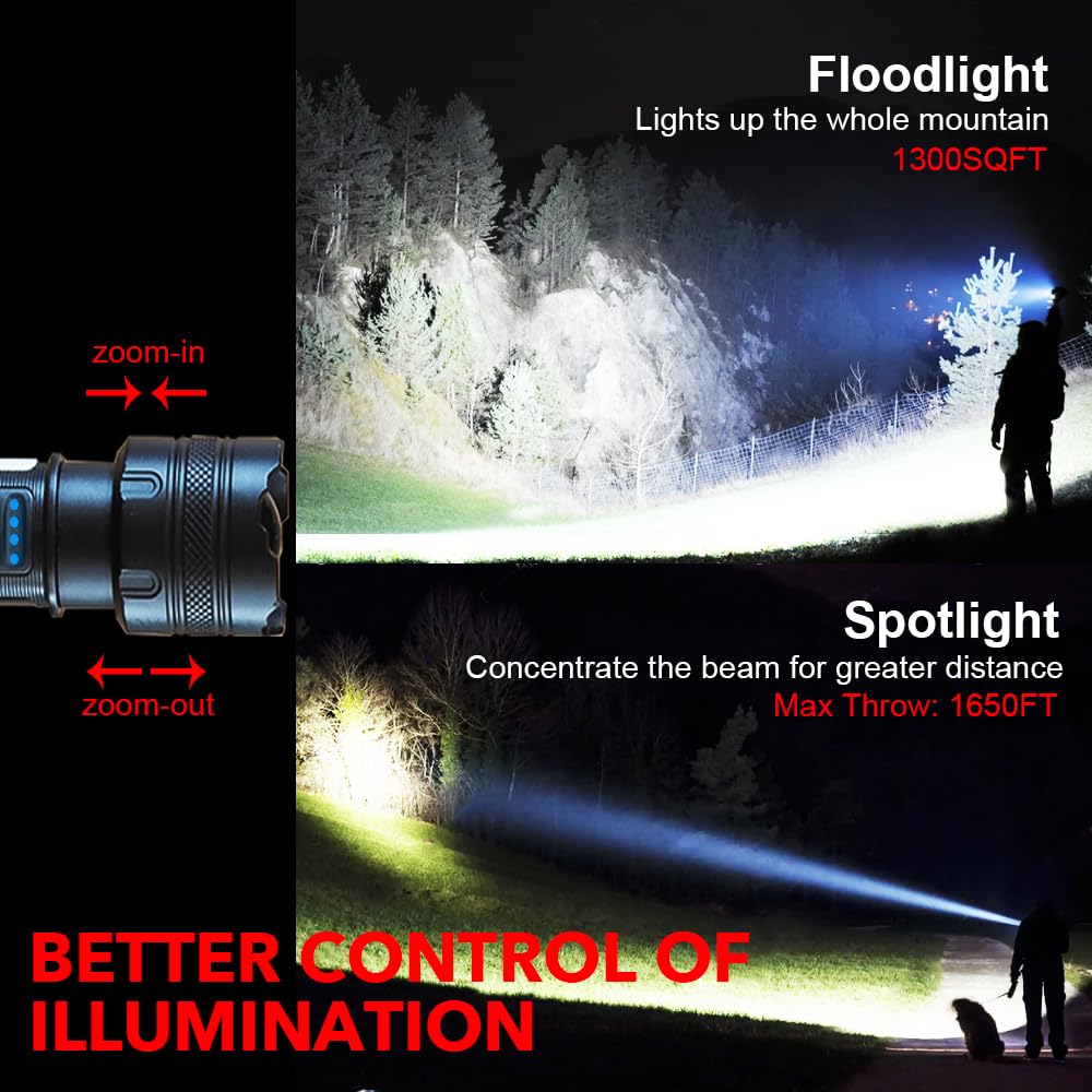 Vana Kula Rechargeable Led Flashlight, 250000 Lumens, Zoomable, 7 Modes, Cob Sidelight, Magnetic Base, Ipx6 Waterproof, For Emergency, Home, Camping, Hunting