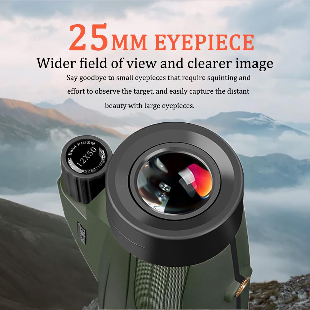 Mocanio 12X50 Monoculars For Adults High Powered Panoramic Low-Light Night Vision Monocular Portable Telescope - Waterproof Monoculars -Bak4 Prism Fmc For Bird Watching Hunting