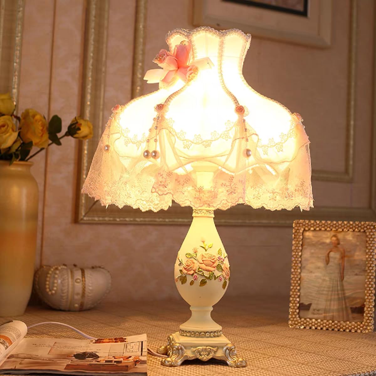 Tfcfl Victorian Lace Fancy Table Lamp, Handmade Fabric Bedside Lamp Light European Style Nightstand Lamp Desk Lamp Antique Painted Resin Base For Bedroom Living Room Office