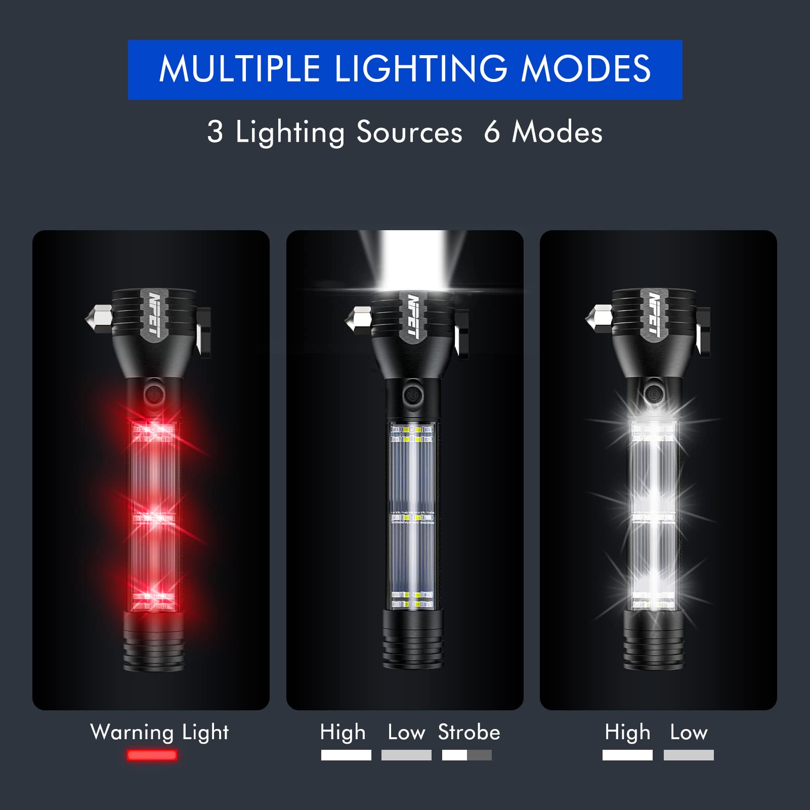 Npet T09 Solar Flashlight Car Flashlight 268 Lumens Led Cob Light Usb Rechargeable Tactical Multi-Function Torch Tool With Window Breaker Seat Belt Cutter Compass