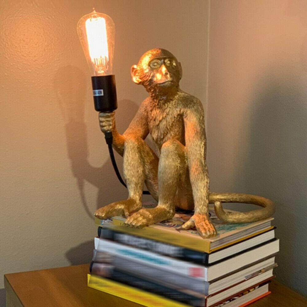 Bjtdllx Creative Monkey Table Light, Industrial Table Lighting Fixture Chandelier, Vintage Resin Unique Sitting Monkey Table Lamp Light For Dining Living Room Bedroom Bar Cafe -Gold Table Light