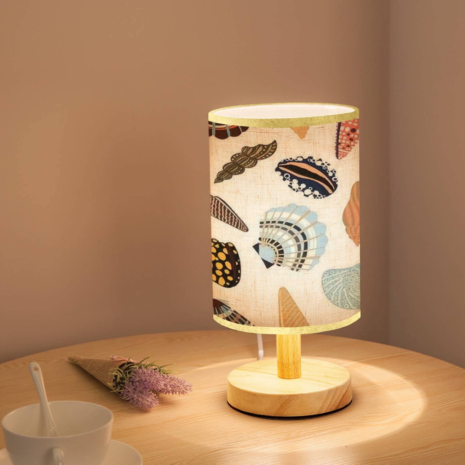 Lopyeijfg Minimalist Bedside Table Lamp Sea Shells Fossils Mollusks Seamless Summer Beach Hand Drawn Seaside Wood Nightstand Lamp Bedside Desk Lamp Wood Base Flaxen Fabric Shade For Bedroom Living Room