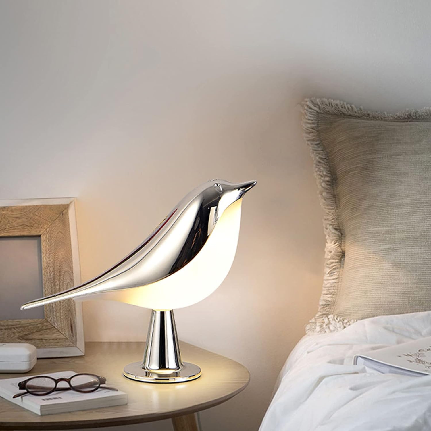 Ofisexpt Small Lamp For Bedroom Nightstand, Mini Bright Bird Led Atmosphere Lampcordless 3 Color Dimmable Rechargeable Touch Lamp, With Scent Diffusion Function (Chrome Color)