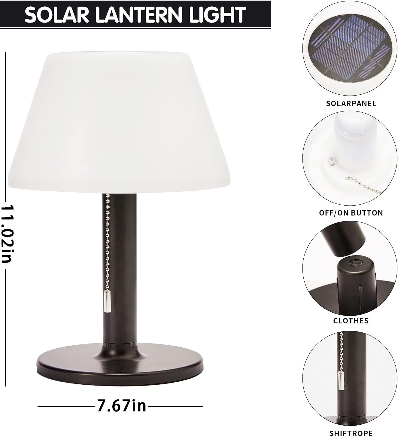 Shumi Led Solar Table Lamp Outdoor Waterproof-3 Way Dimmable Outside Patio Table Lamp,Modern Bedsid Lamp,Cordless Solar Desk Lamp With Pull Chain For Bedroom Living Room,Garden(Black)