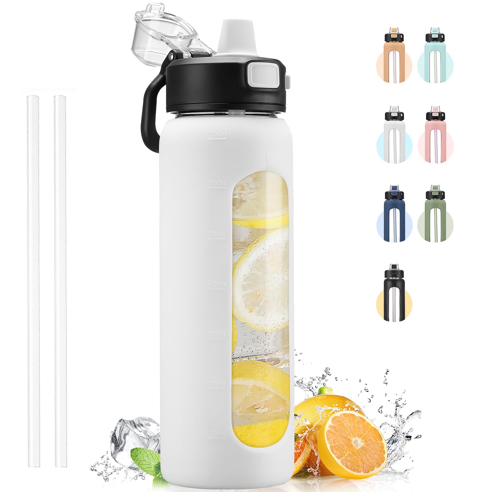 Kodrine Water Bottle With Straw And Carry Handle, Glass Water Bottle 24 Oz Leak Proof Locking Lid