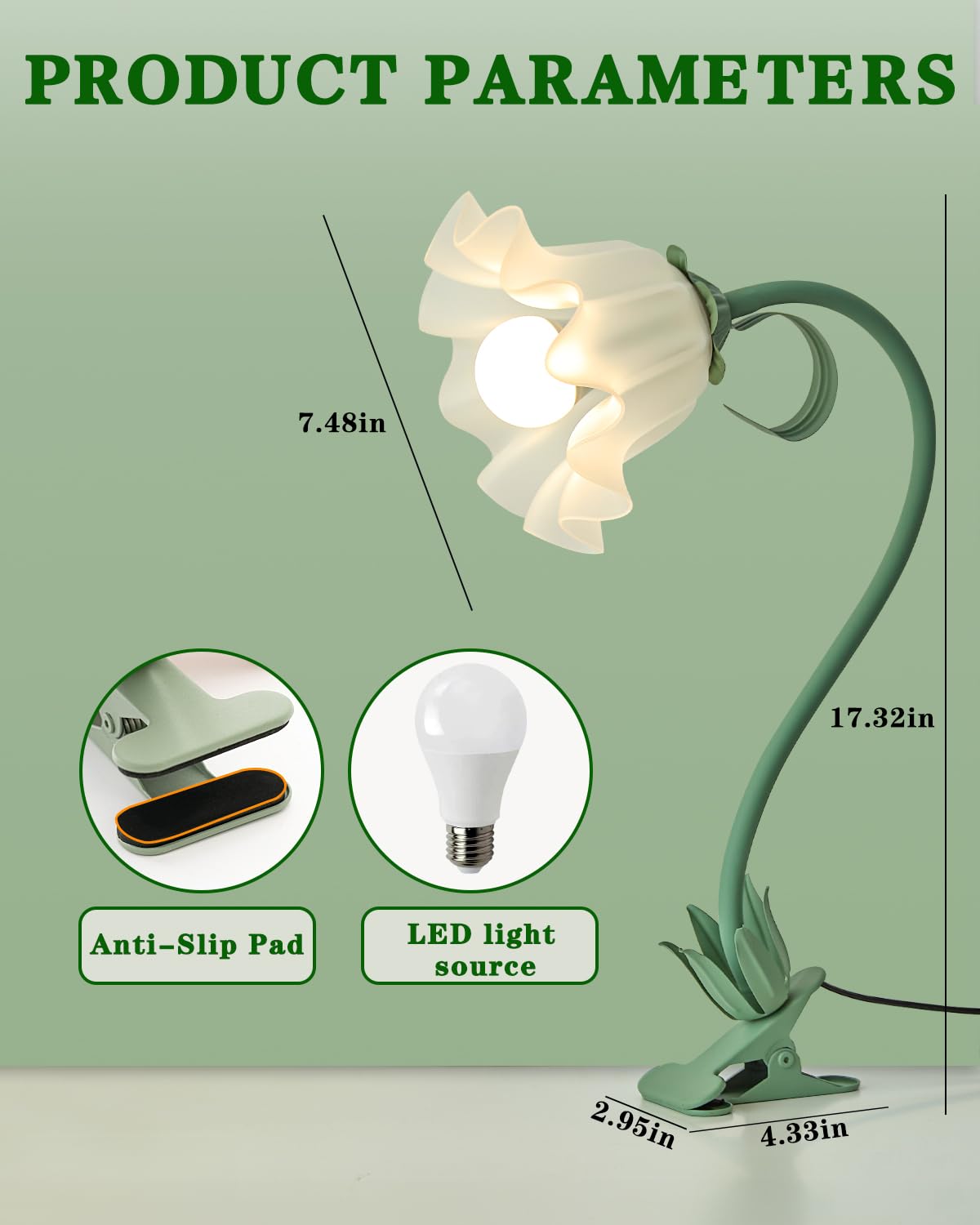 Werfop Flower Lamp Clip On Light, 3 Color Modes Eye-Caring Desk Lamp With Clamp For Bedside, Cute Gooseneck Reading Table Clamp Lamps For Home Office Bedroom Living Room (Green)