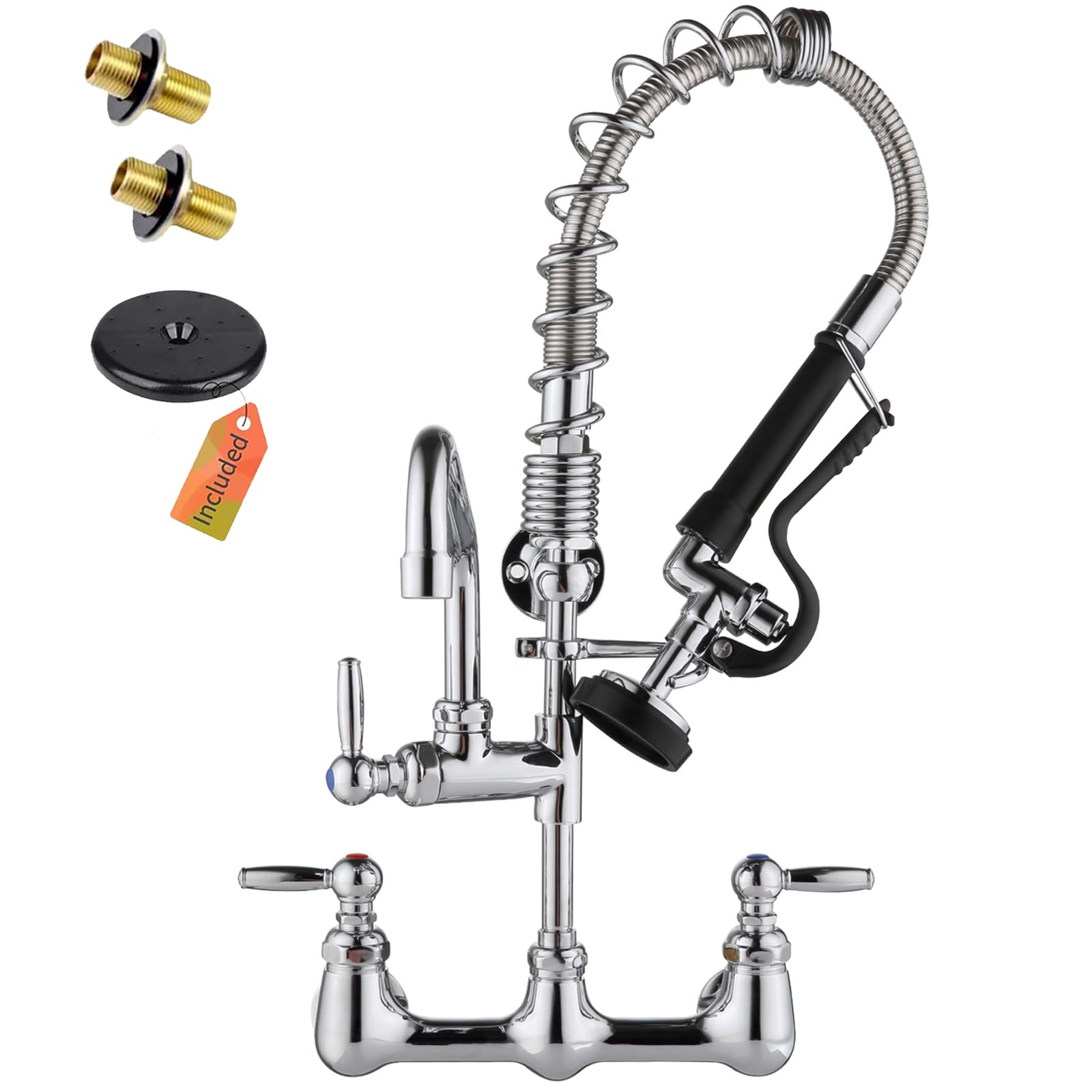 Golrean Commercial Faucet Wall Mount With Sprayer 21" Height, Brass Constructed 8" Add On Swing Spout Commercial Kitchen Sink Faucet With Pre-Rinse Pull Down Sprayer For 1/2 Compartment Sink