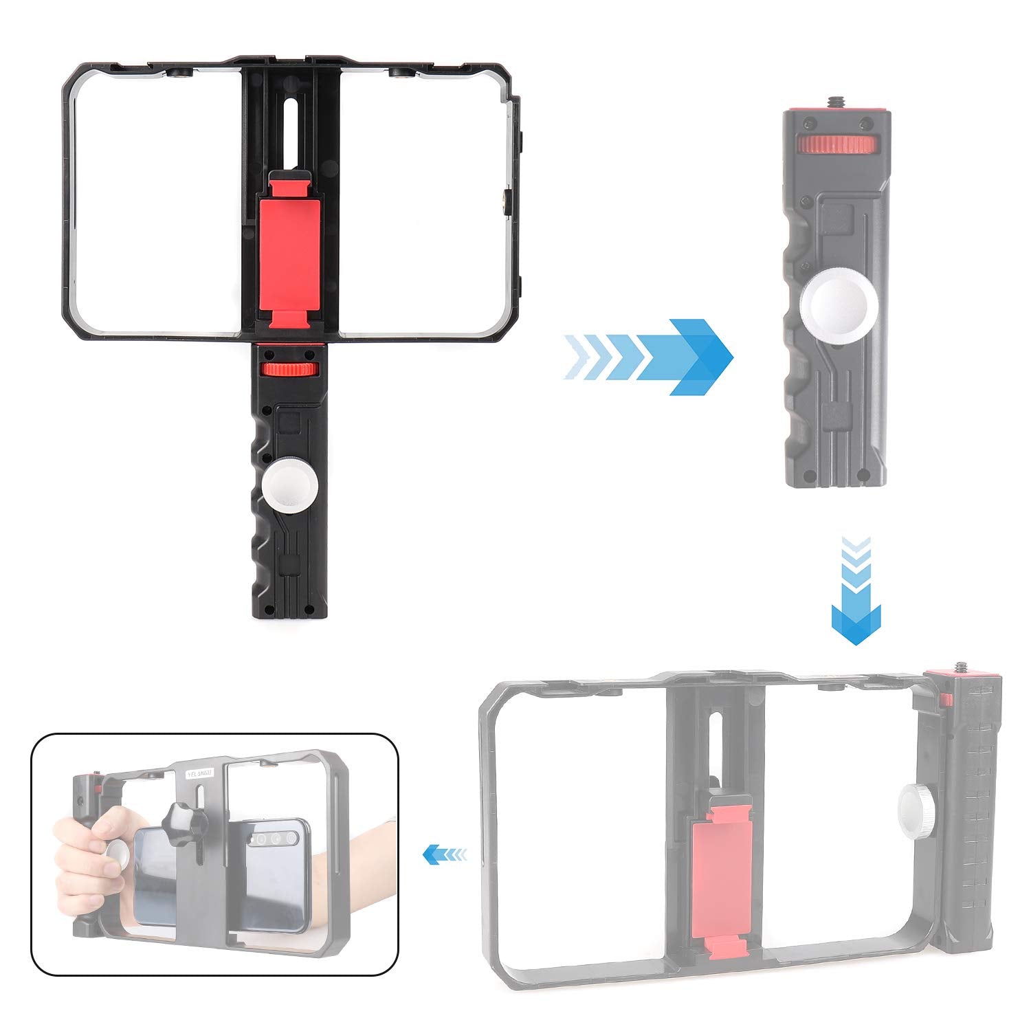 Focusfoto Smartphone Video Rig Camera Cage Mount Holder Stabilizer (Removable Handle Grip Version) With By-Mm1 Microphone Mic + 49 Led Light Kit For Mobile Phone Iphone Filmmaking Videomaker