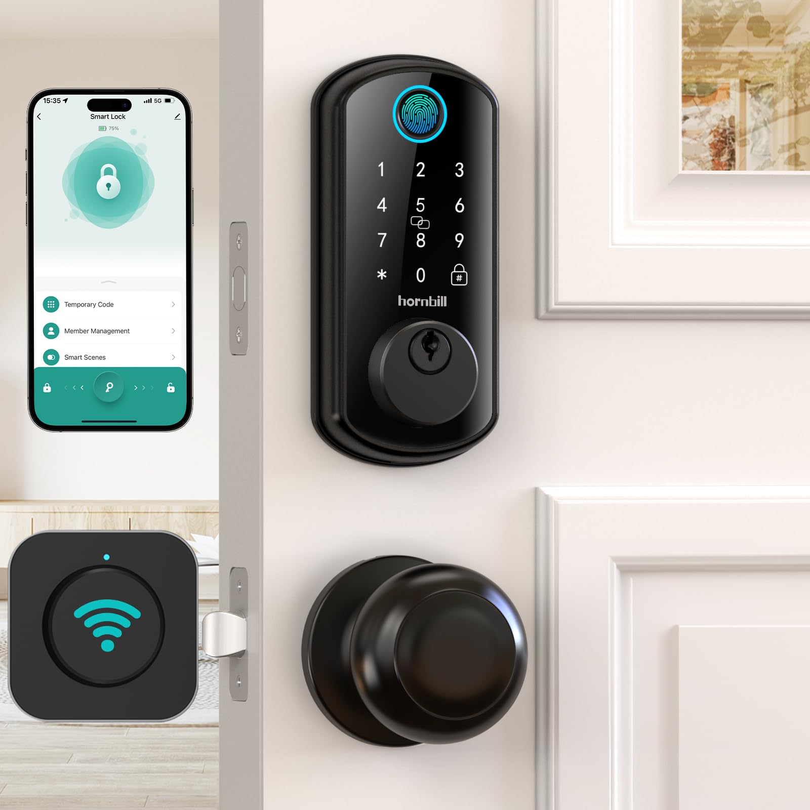 Hornbill Wifi Smart Door Lock Set: Keyless Entry Door Lock Deadbolt With Handle Set Fingerprint Front Door Lock With 2 Knobs Alexa Bluetooth Remote Code Auto Lock For Home Hotel Security Black