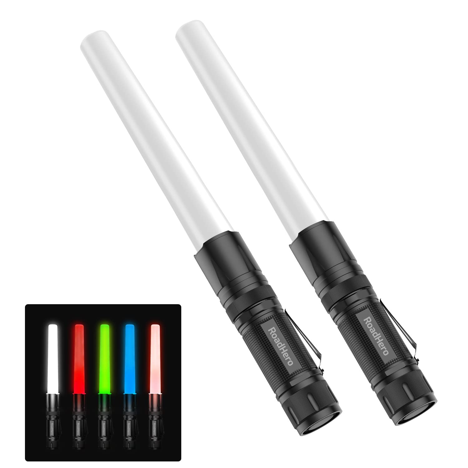 Roadhero 2 Pack 12 Inch Multi Color Led Flashlight Traffic Control Wand, 4 Colors In 1, Safety Signal Light Traffic Baton For Night Version And Parking Directing