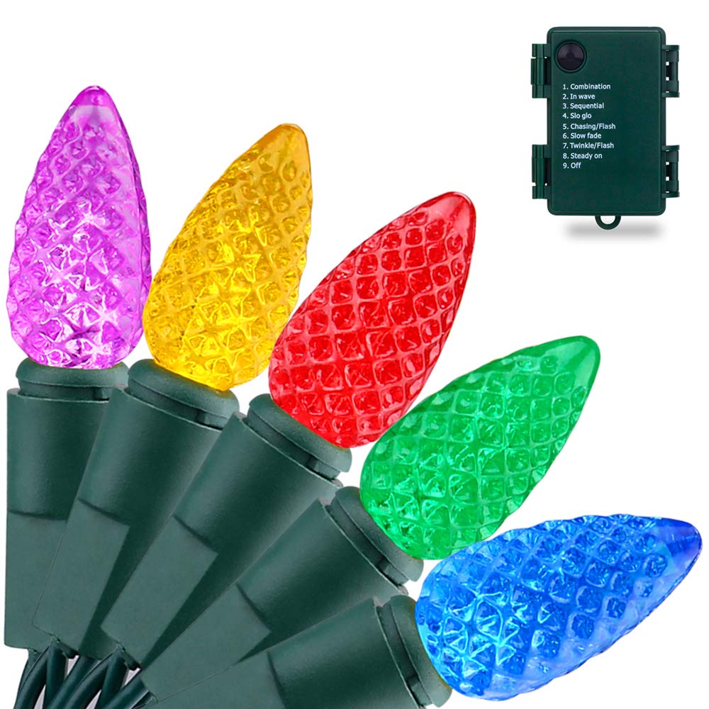 Recesky C3 Christmas String Lights With Built-In Timer - 50 Led 18Ft Faceted Bulb Battery String Lights - Fairy Lighting For Garden Bedroom House Wreath Xmas Christmas Tree Decorations - Multi Color