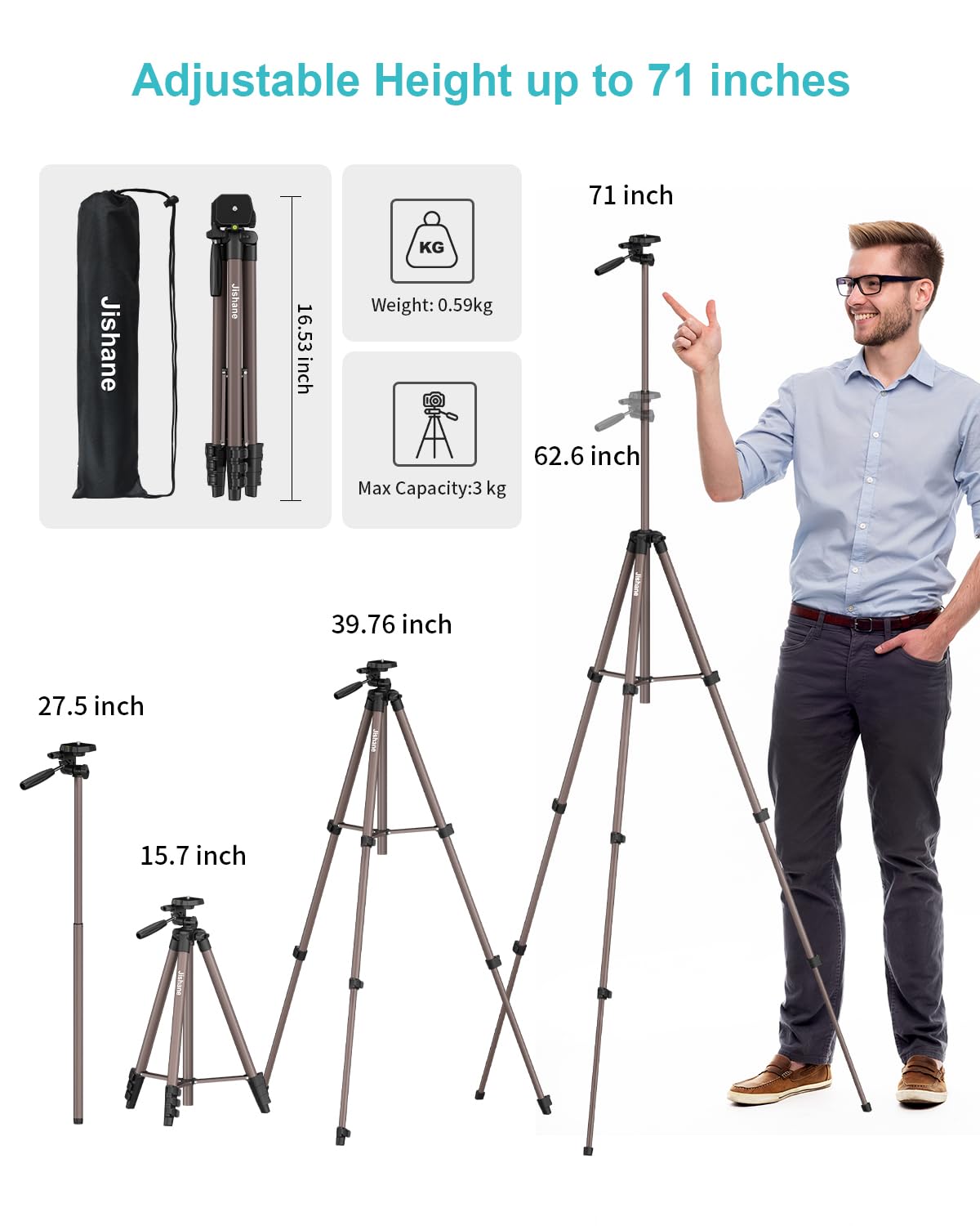 Jishane 71" Camera Tripod, Lightweight Aluminum Phone Tripod With Wireless Remote, Phone Holder & Carry Bag, Portable Travel Camera Stand For Smartphones Canon Nikon Dslr Cameras, Max Load 6.6 Lb (Brown)