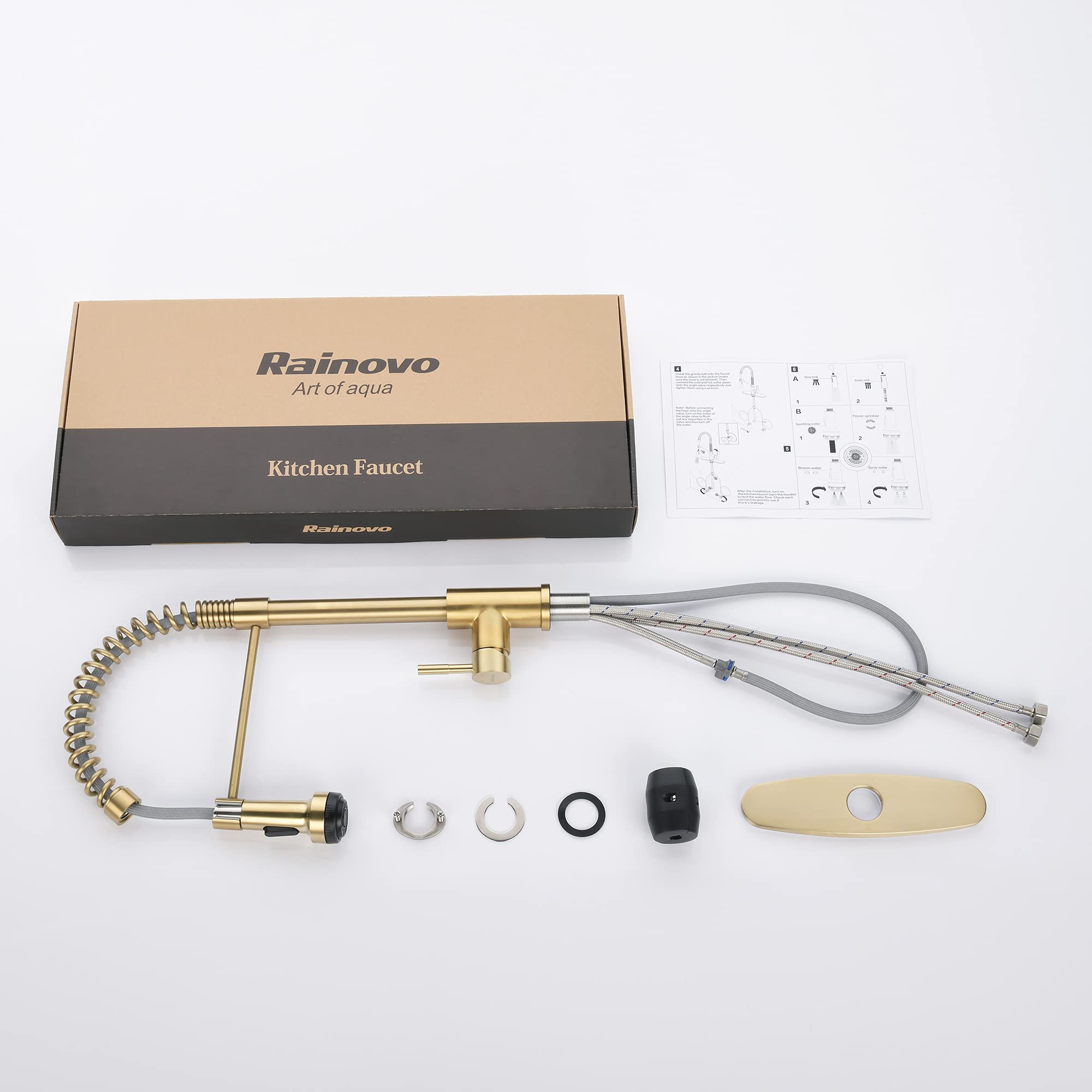 Rainovo Kitchen Faucet With 4 Mode Pull Down Sprayer Brushed Gold, Spring Kitchen Sink Faucet Stainless Steel With Deck Plate, Single Handle Faucets High Arc Modern With Pull Out Sprayer