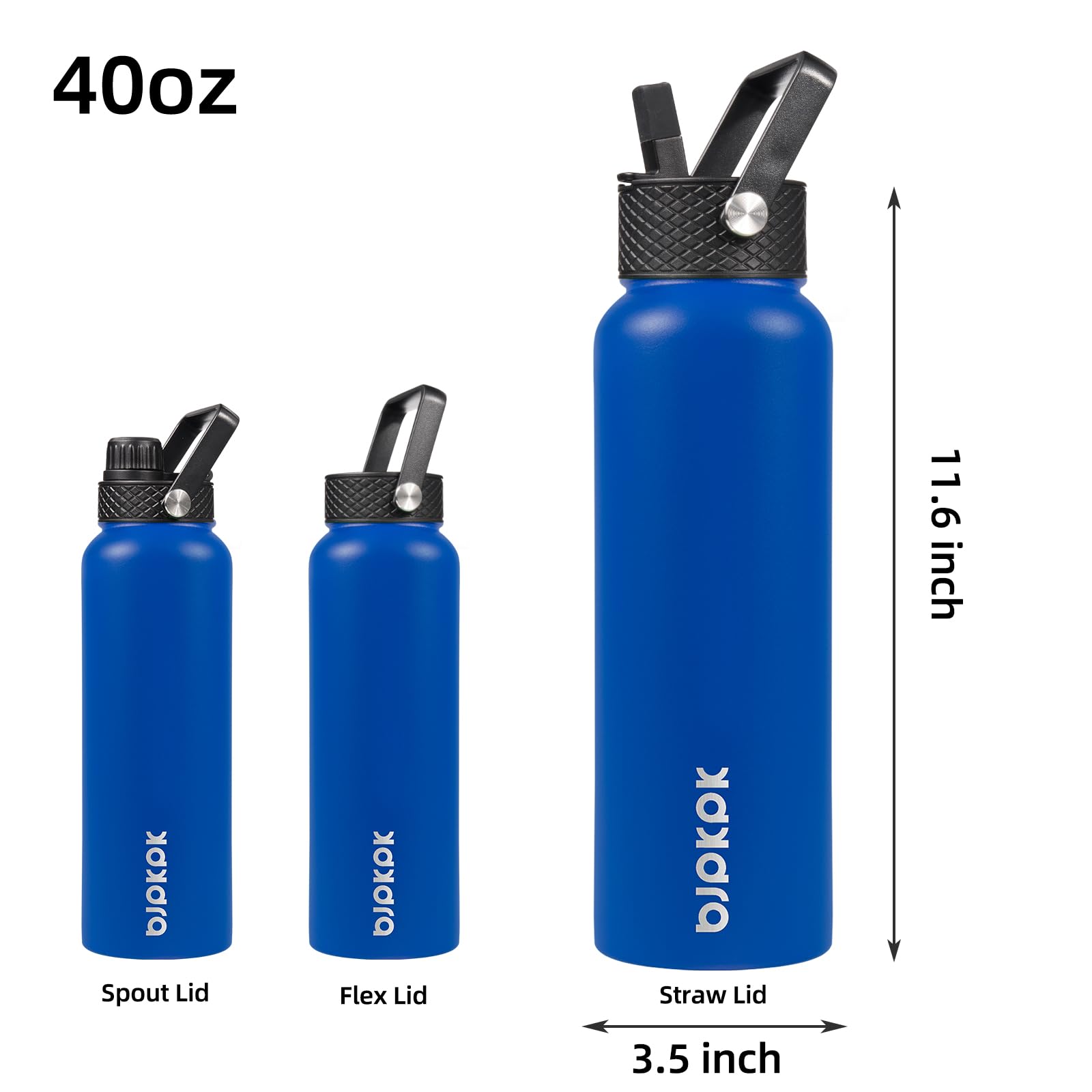 Bjpkpk Insulated Water Bottles With Straw Lid, 40Oz Stainless Steel Water Bottles With 3 Lids