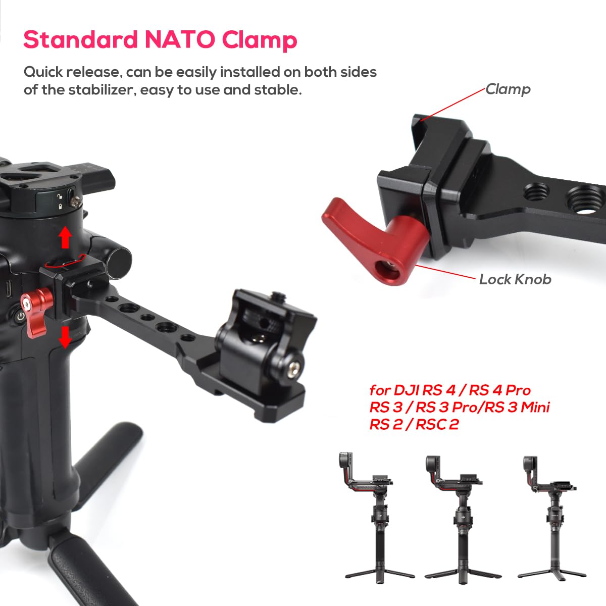 Eaxanpic Adjustable Gimbal Monitor Mount Phone Mount With Quick Release Nato Clamp Cold Shoe Mount For Dji Ronin Rs 4 / Rs 4 Pro/Rs 3 / Rs 3 Pro/Rs 3 Mini/Rs 2 / Rsc 2 Stabilizers (Dark Red)