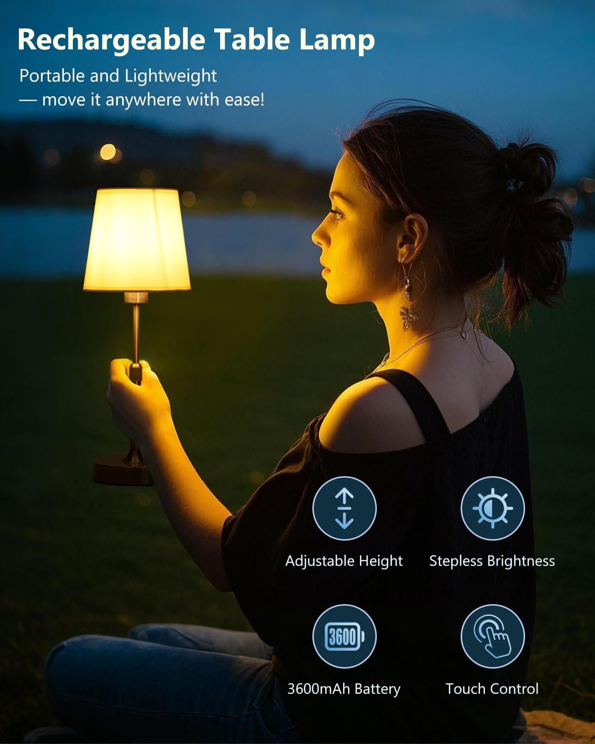 Yiliaw Cordless Table Lamp For Bedroom Adjustable Height Portable Led Desk Lamp, 4200Mah Battery Operated, Stepless Dimmable Touch Lampfor Restaurant Bedroom Bars Outdoor Party, Led Bulb Included
