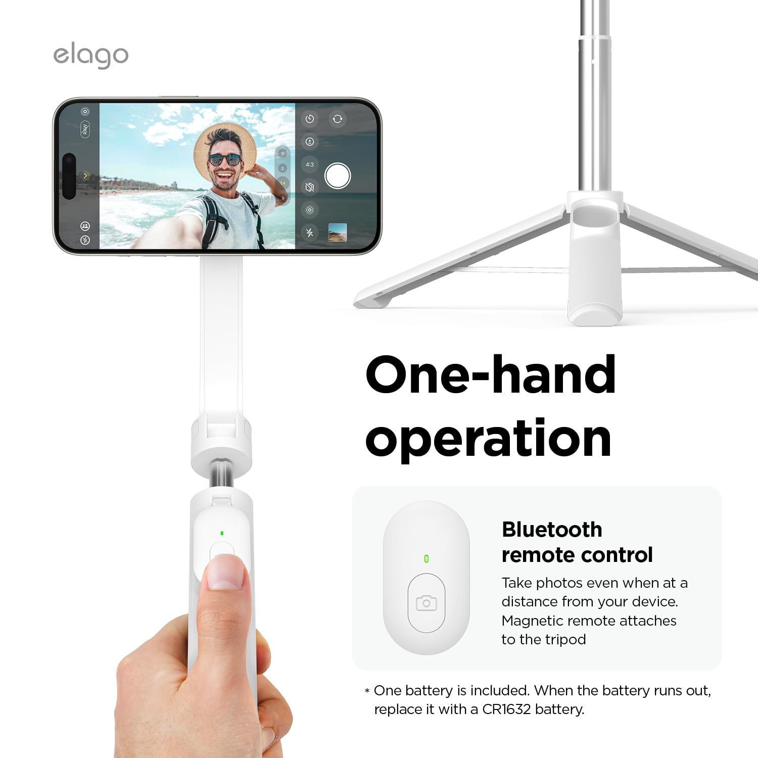 Elago Magnetic Selfie Stick Tripod Compatible With Magsafe For Iphone And Galaxy, Strong Magnetism, Portable, Lightweight, Extendable [Pouch, Bluetooth Remote, Guide Sticker Included] [White]