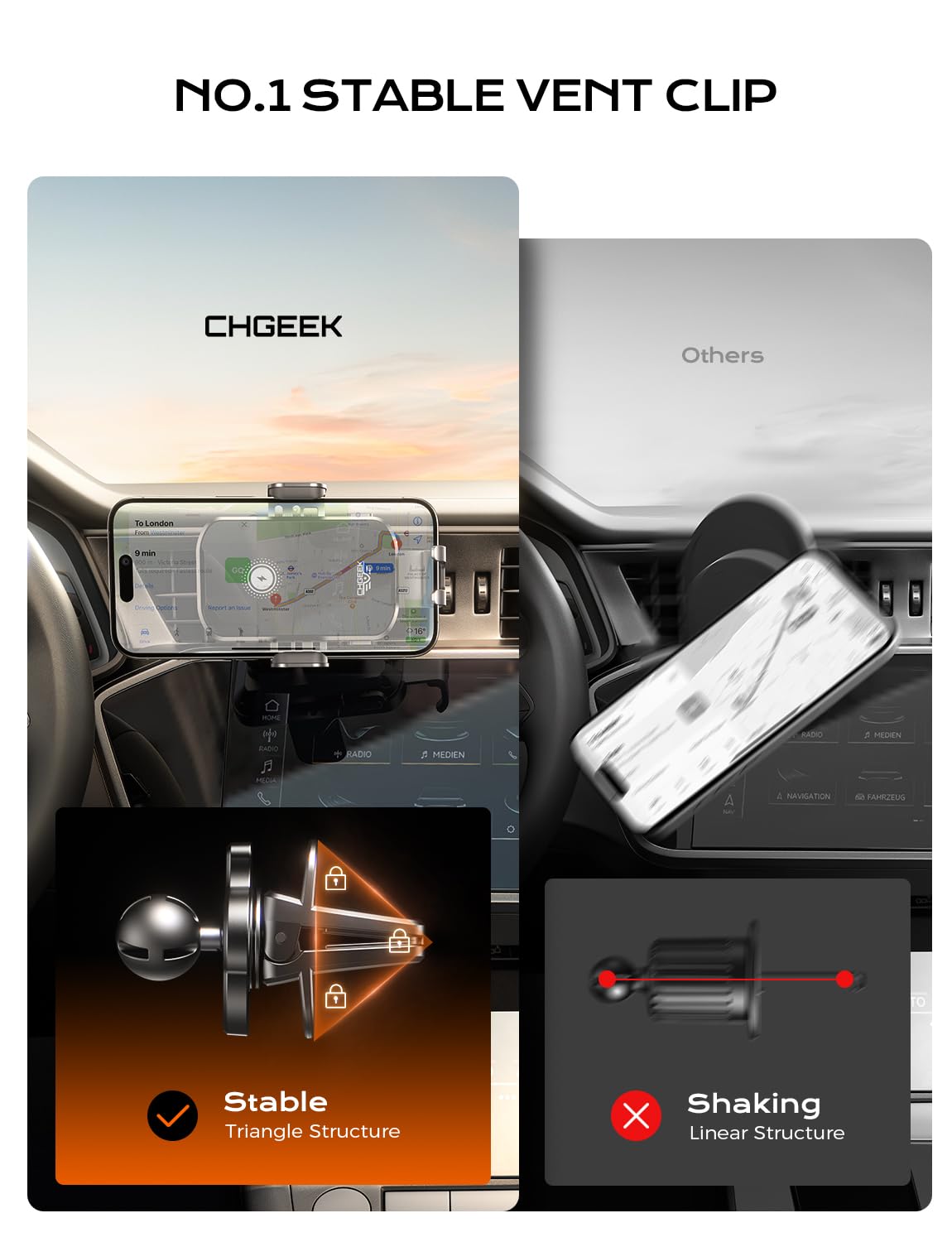 Chgeek Wireless Car Charger Phone Holder Mount, 15W Fast Charging Auto Clamping Phone Holders For Your Car Dashboard Windshield Air Vent Car Accessories For Iphone, Samsung Galaxy, Google Pixel Etc