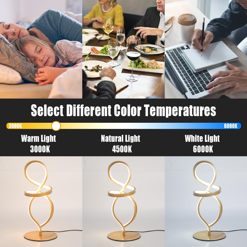 Yltlink Modern Dimmable Table Lamp,Gold Desk Lamp,Bedroom Bedside Lamps Spiral,Table Lamps,Living Room,Home Office Decor Desk Light,Dancer Shape,Aesthetic,Unique,Night Stands,15W,3 Color Temperature