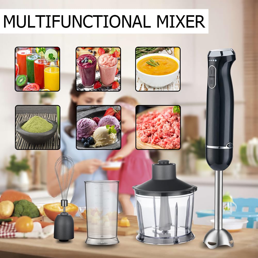 Dpeho Immersion Blender，Hand Blender Mixer, 5 In 1 Immersion Blender, 1000W Powerful Handheld Stick Mixer Blender With Turbo Mode,With Variable Speed & Chopper, Whisk And Frother, 15.55, Black