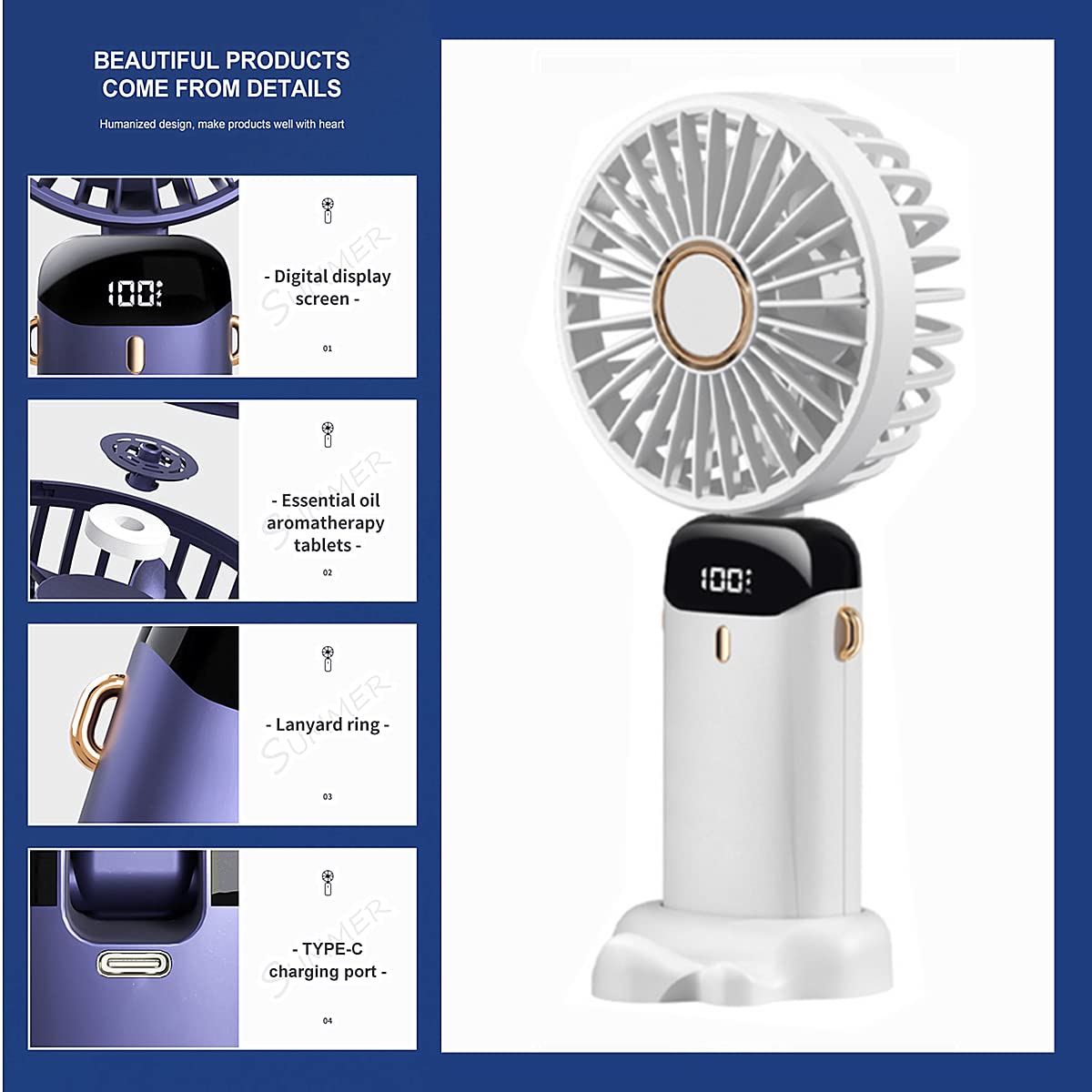 Handheld Portable Fan,Mini Personal Foldable Hand Fan,4000Mah,Usb Rechargeable,5 Adjustable Speeds