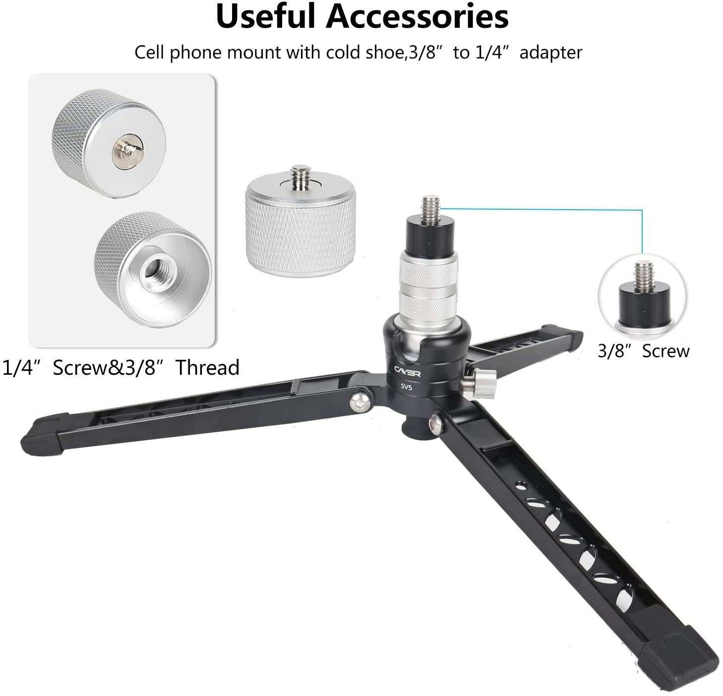 Cayer Tabletop Mini Tripod, Sv5 Alumunium Portable Desktop Tripod Stand With 3/8"-16 Mounting Screw For Monopods, Dslr Camera, Video Camcorder, Mobile Phone And Action Cameras