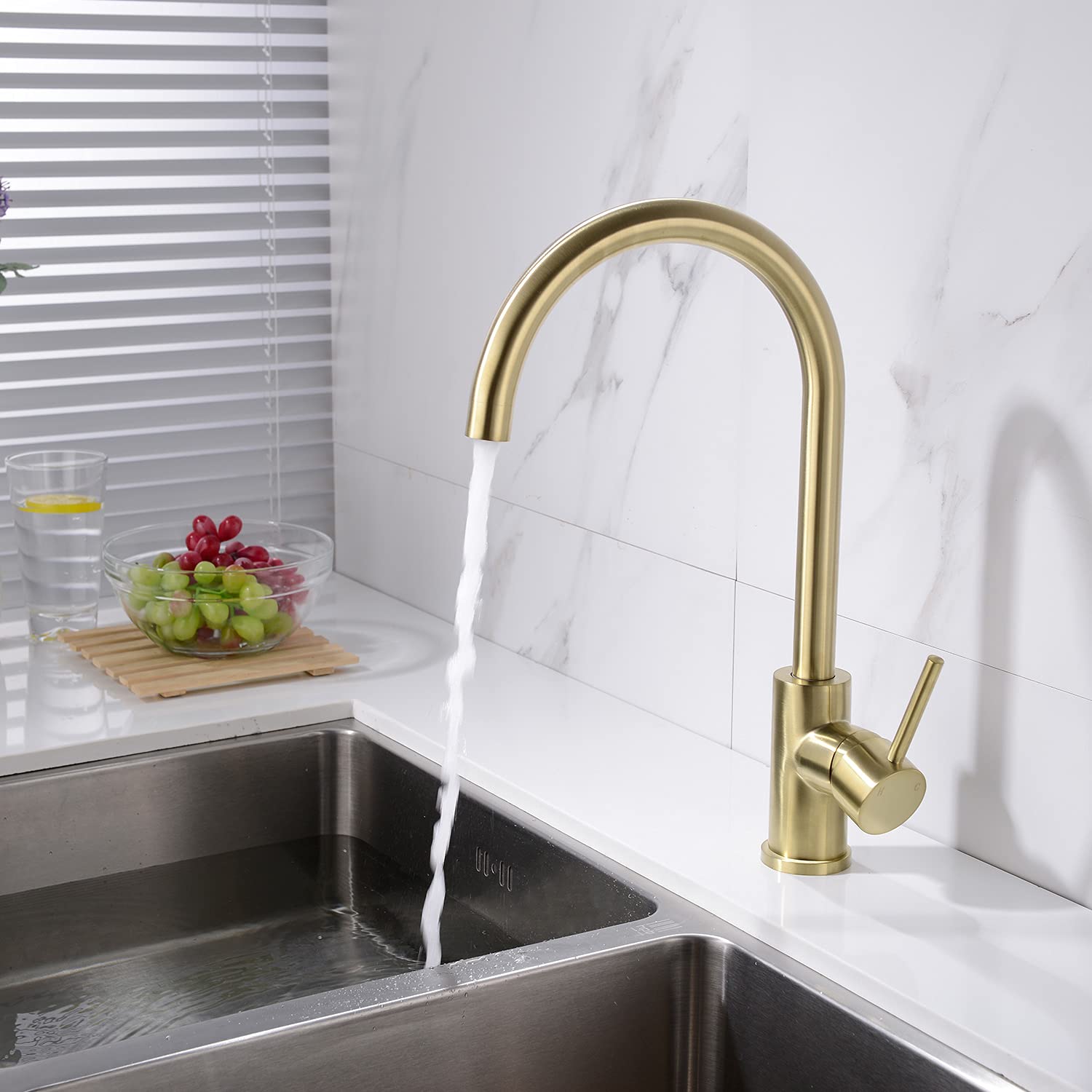 Trustmi Solid Brass Kitchen Faucet Single Handle 1 Hole 360-Degree Swivel Gooseneck Bar Sink Mixer Tap, Brushed Gold