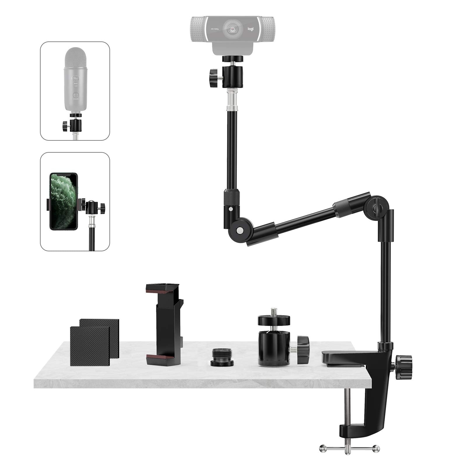 Kdd Webcam Stand Camera Mount With Phone Holder & 5/8" Screw, 25In Flexible Projector Stand Gooseneck Desk Mic Stand For Logitech C922 C930E C920 C615 C960 Brio 4K, Gopro, Blue Yeti Snowball Ice