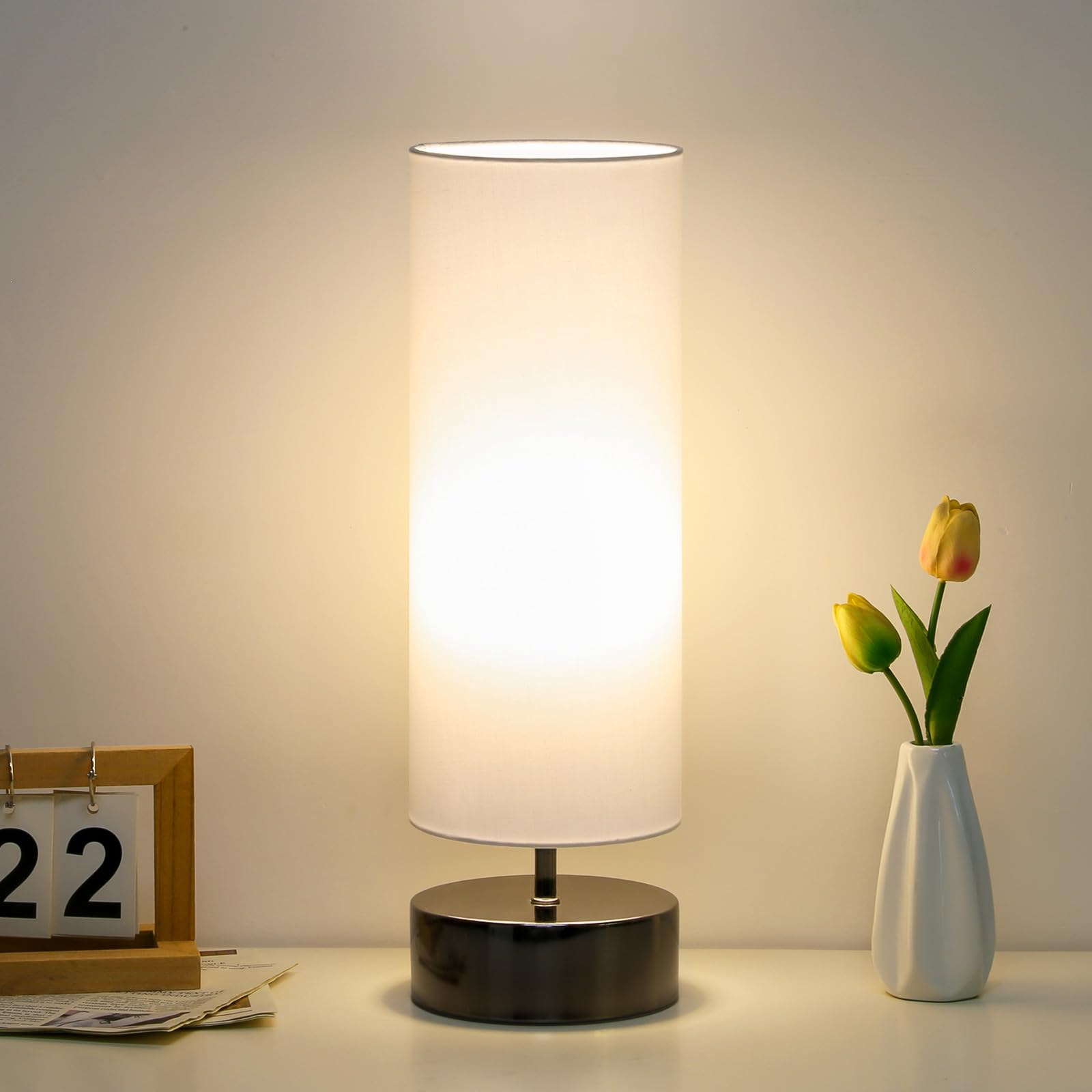 Seaside Village Touch Table Lamp, 3-Way Dimmable Modern Minimalist Accent Bedside Lamp With Cylinder Fabric Shade, Night Light Nightstand Desk Lamp For Bedroom Living Room Kitchen, 9W Led Bulb Included