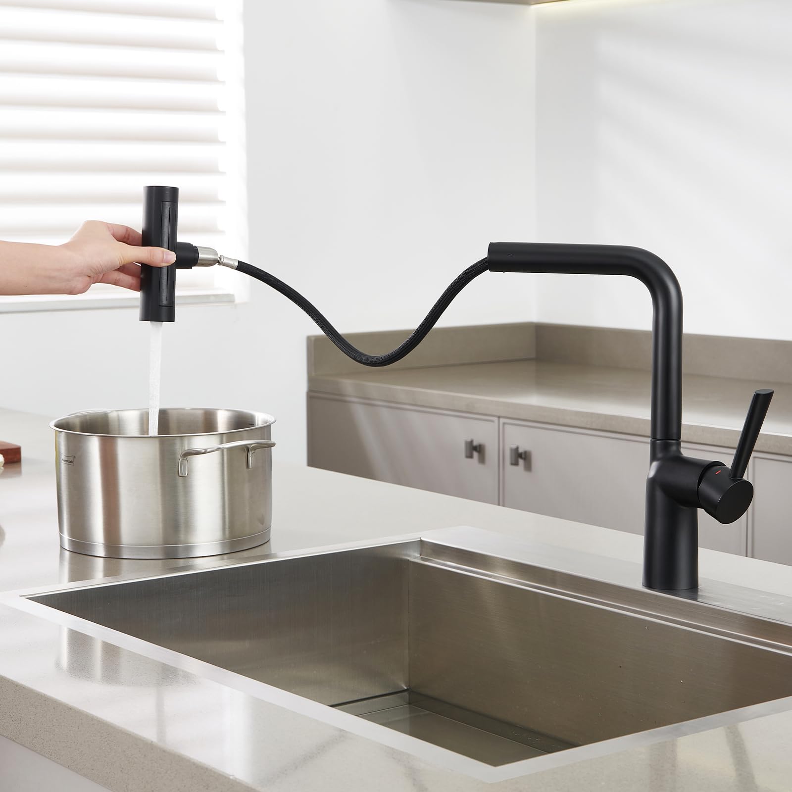Aktines Waterfall Kitchen Faucet With Pull Down Sprayer, 4-Way Stainless Steel Sink Faucet For Kitchen, Bar, Laundry & Rv, Matte Black