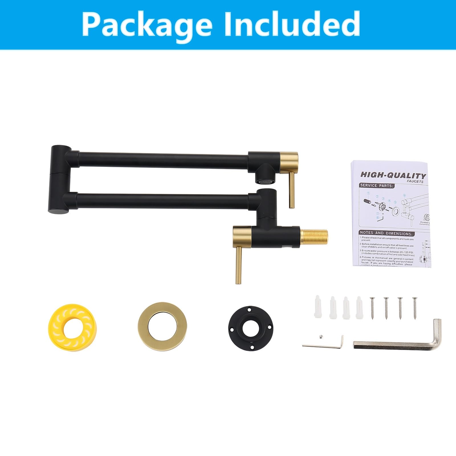 Kmeino Brass Pot Filler Faucet Black And Gold, Wall Mount Folding Kitchen Faucet With Double Joint Swing Arms, Brushed Gold Pot Filler Faucet