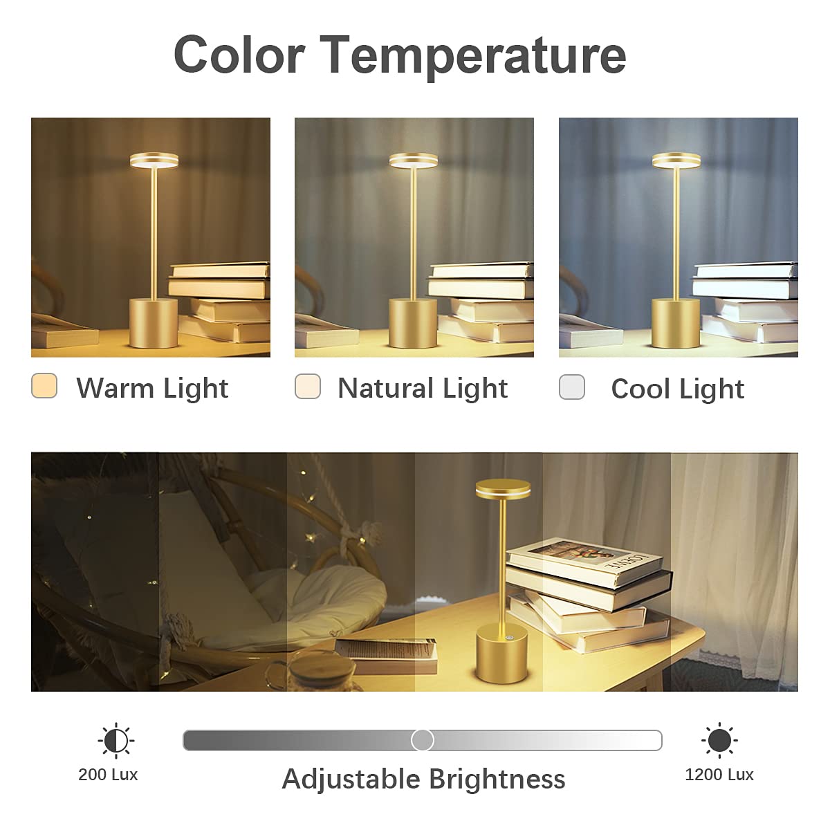 Bravzurg Cordless Table Lamp, Portable 5000Mah Outdoor Battery Powered Table Lamps, Metal, Dimmable, Wireless Rechargeable Led Desk Light Bulbs For Indoor/Outdoor/Home/Restaurant (Gold)